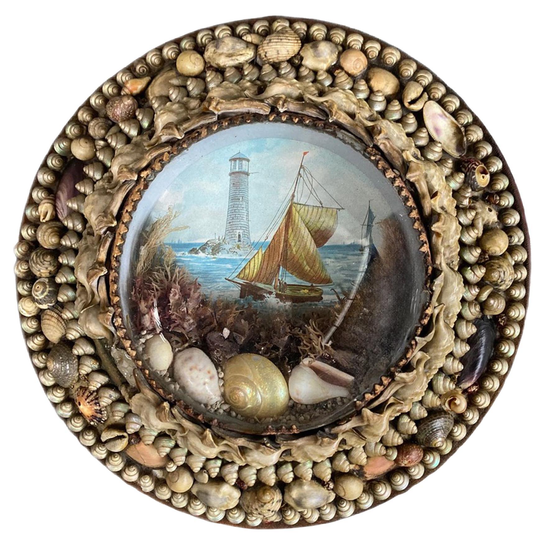 Edwardian Shellwork Valentine Diorama of a Sloop under Sail For Sale