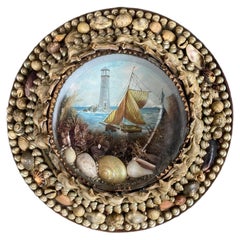 Antique Edwardian Shellwork Valentine Diorama of a Sloop under Sail