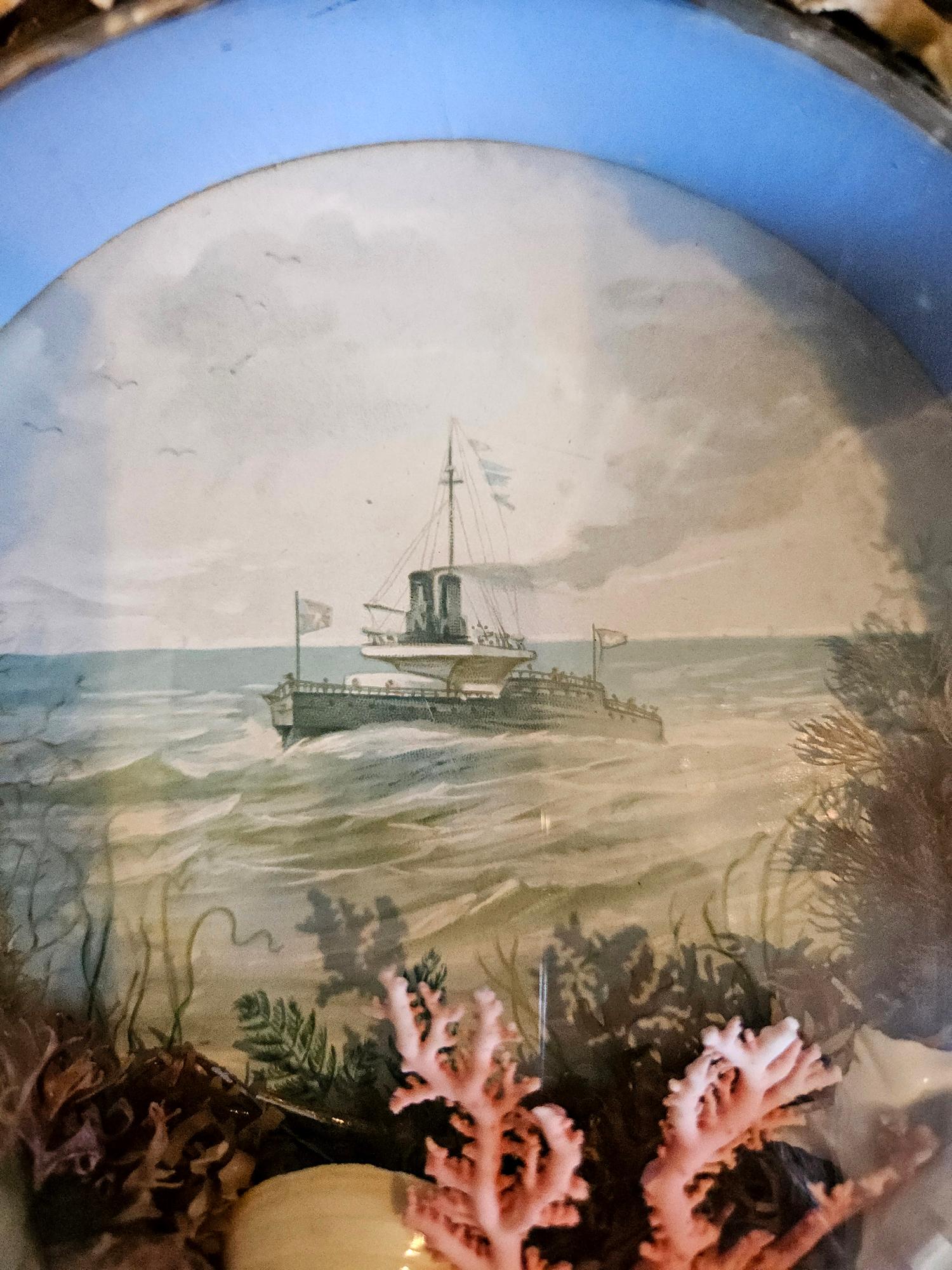 Folk Art Edwardian Shellwork Valentine Diorama of HMS Devastation For Sale