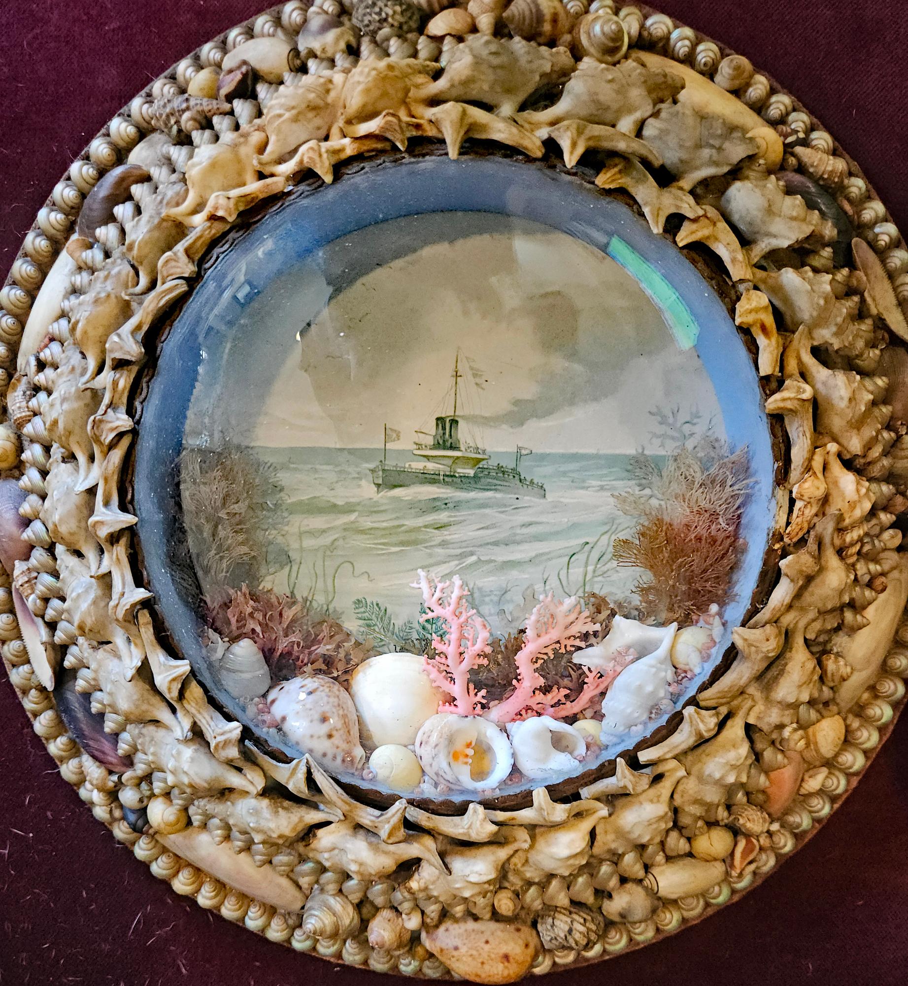 English Edwardian Shellwork Valentine Diorama of HMS Devastation For Sale