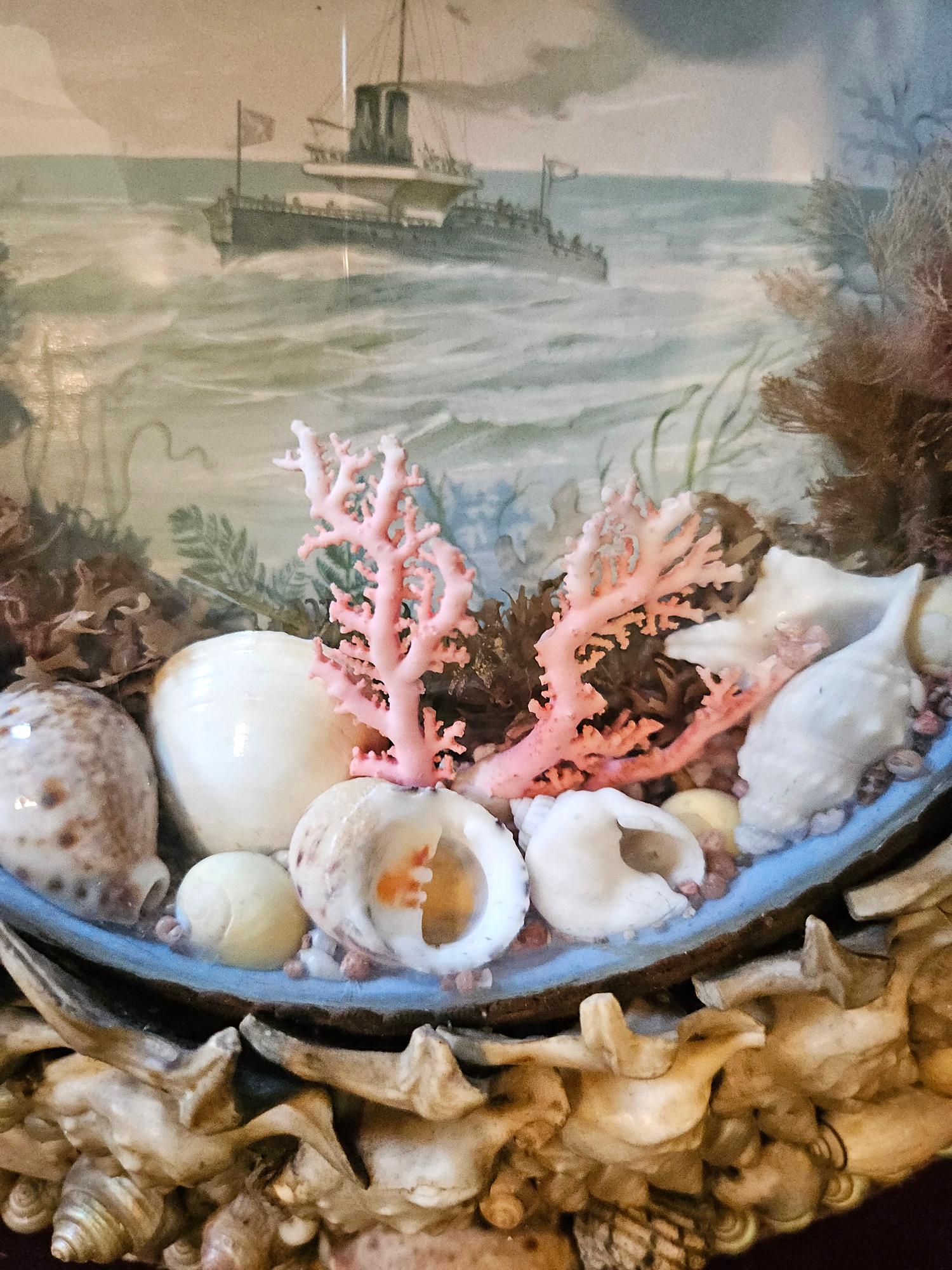 Edwardian Shellwork Valentine Diorama of HMS Devastation In Good Condition For Sale In Downingtown, PA
