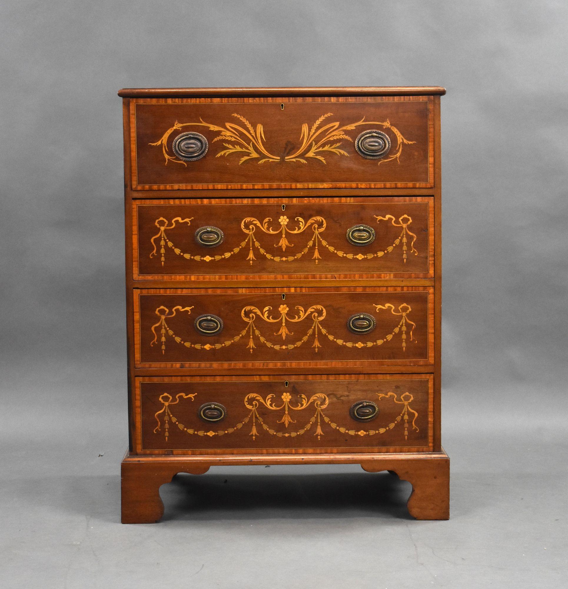 For sale is a fine quality Edwardian Sheraton revival inlaid mahogany secretaire chest of drawers, having an inlaid and banded top, above a single secretaire drawer, opening to reveal a fitted interior, above three inlaid drawers, each with brass