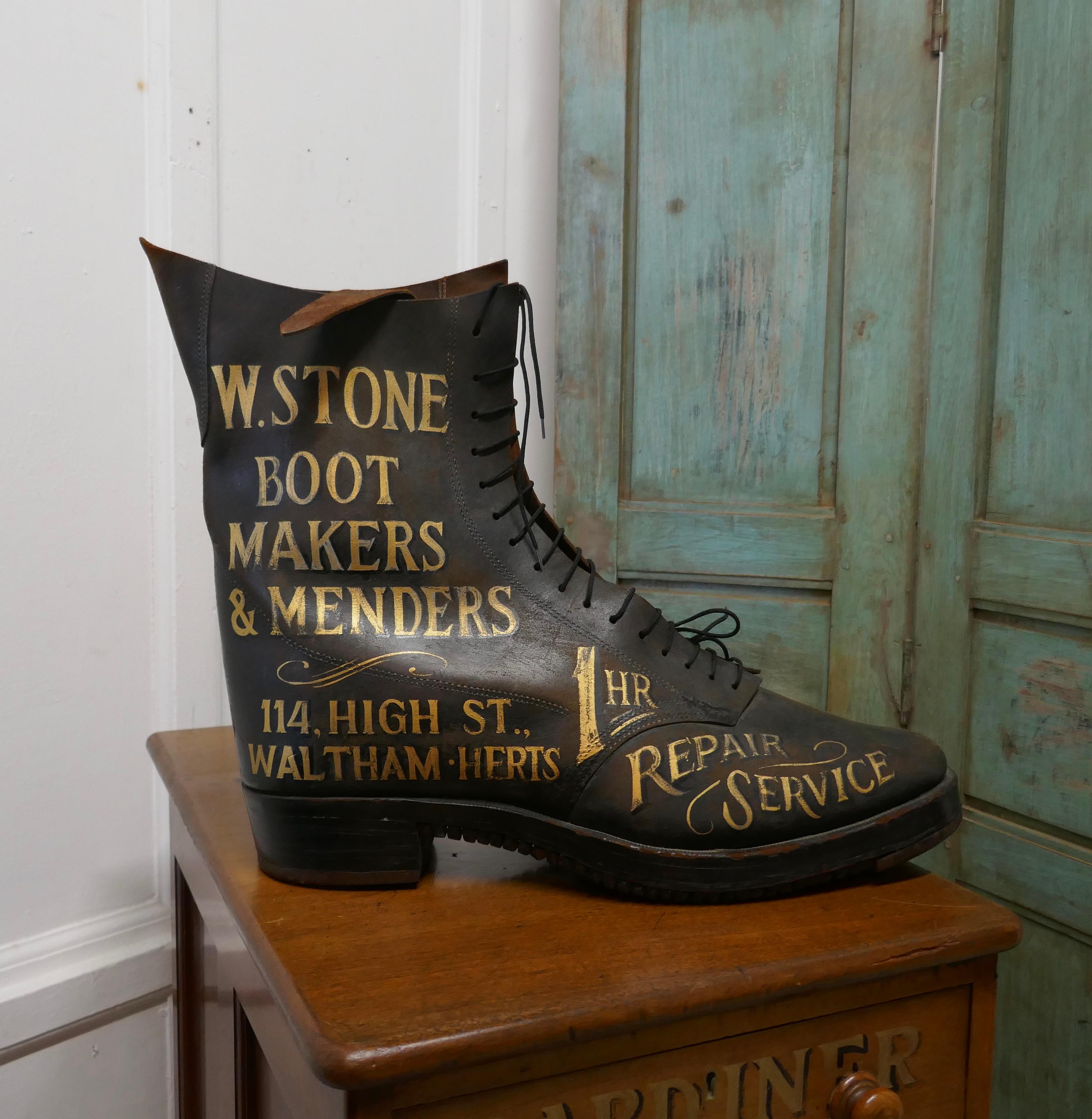 Edwardian shoe shop or cobblers trade sign, leather boot display model


This is a wonderful piece, it is a giant size Leather boot, painted on the one side of the boot is ”Boot Makers and Menders” and the underside of the sole is studded in hand