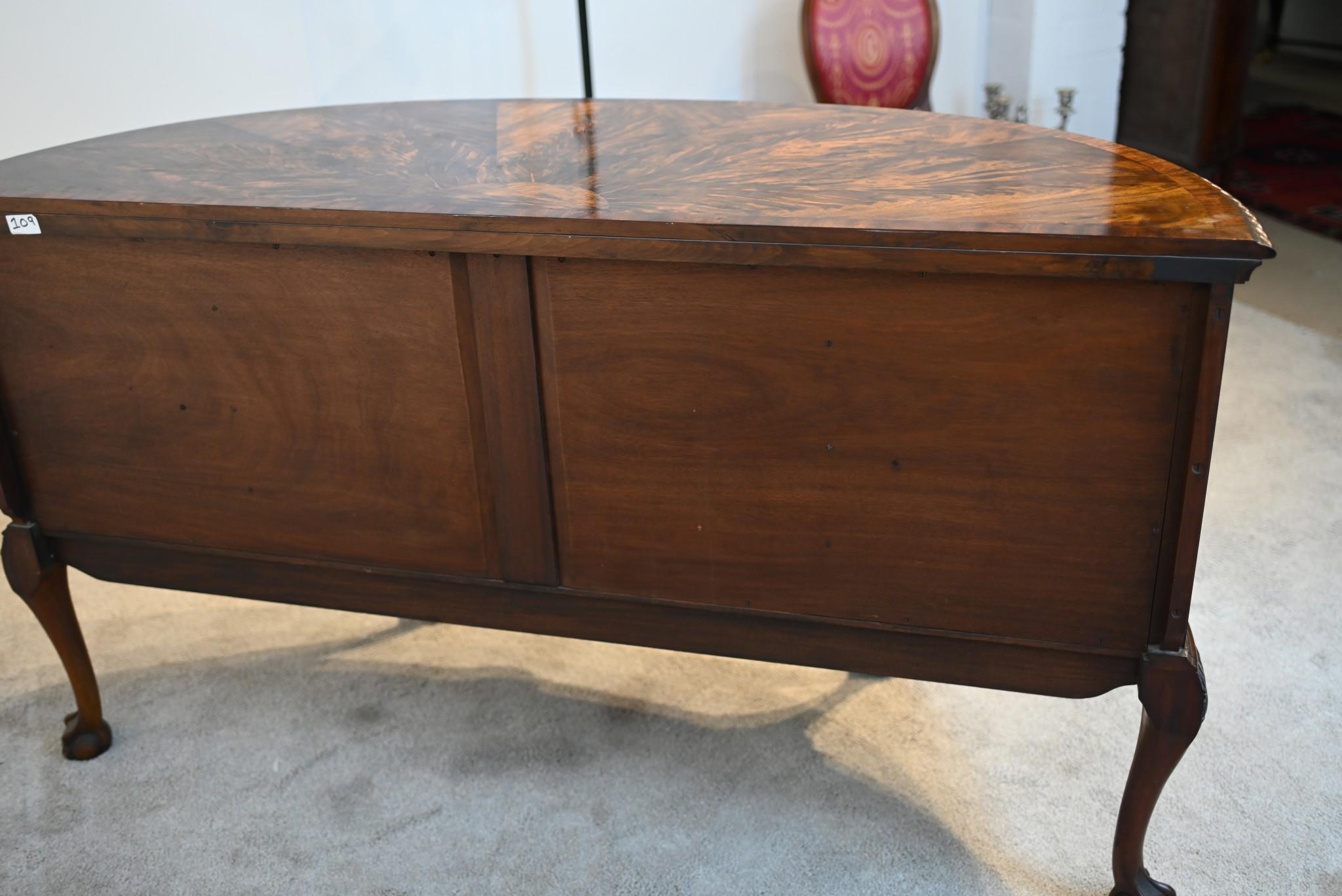 Elegant period Edwardian bow front sideboard or server
Flame Mahogany with original lions head handles and ball and claw feet
Two drawers to centre and two side cabinets so ample storage Clean, elegant and practical piece of English furniture fully