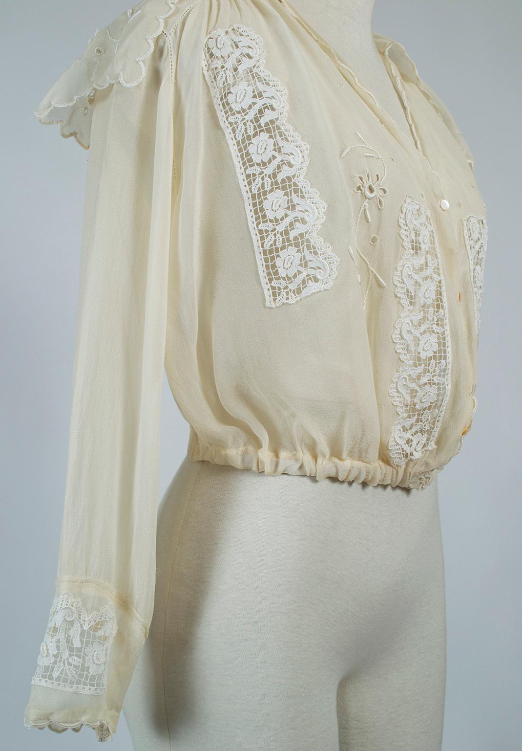 Edwardian Silk Chiffon Sailor Bib Blouse, 1910s 6