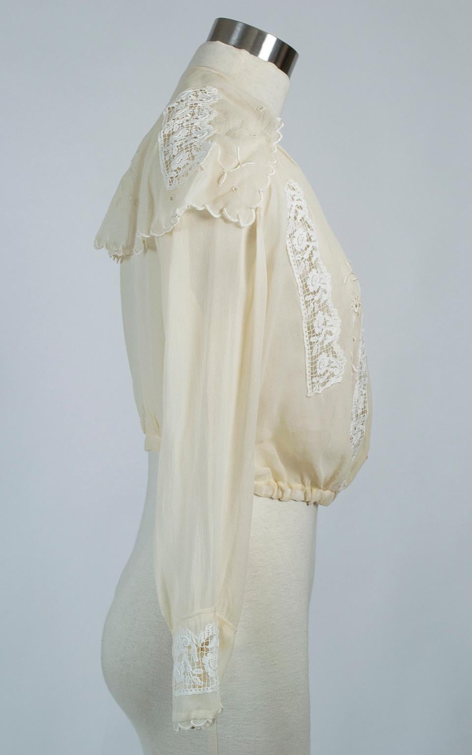 Edwardian Silk Chiffon Sailor Bib Blouse, 1910s (Beige)