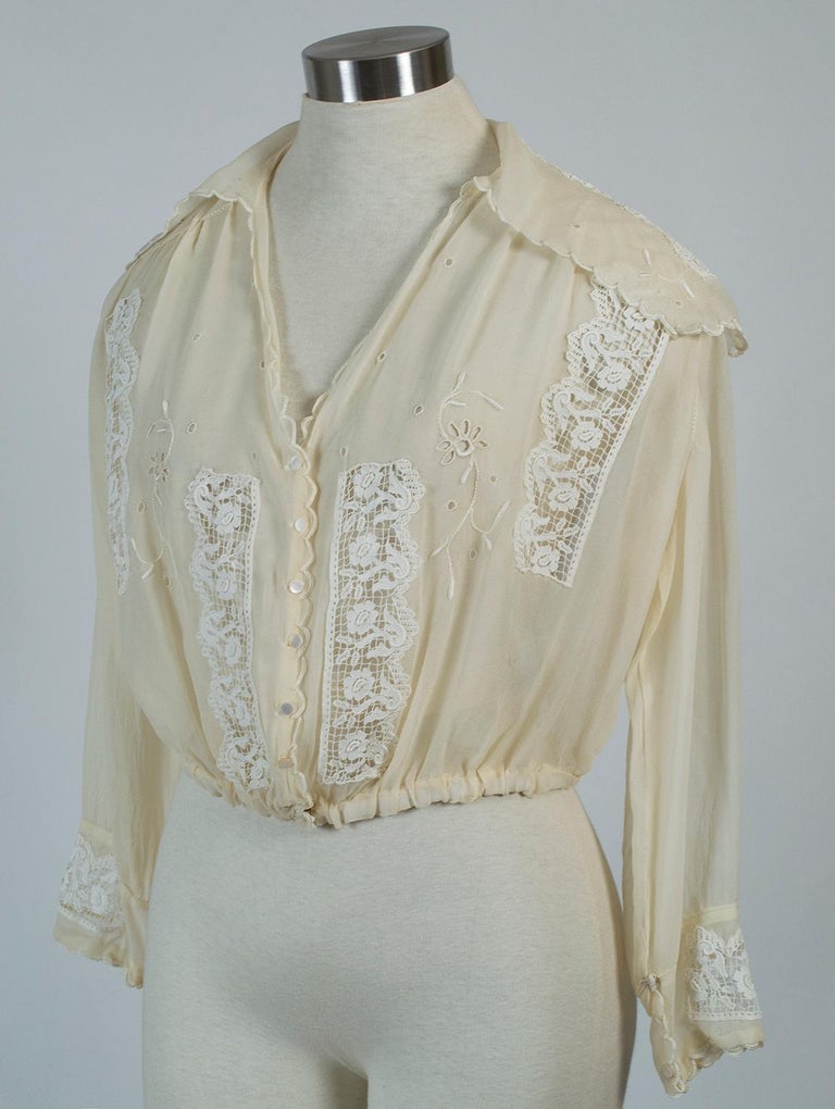 Edwardian Silk Chiffon Sailor Bib Blouse, 1910s at 1stDibs | 1910s blouse