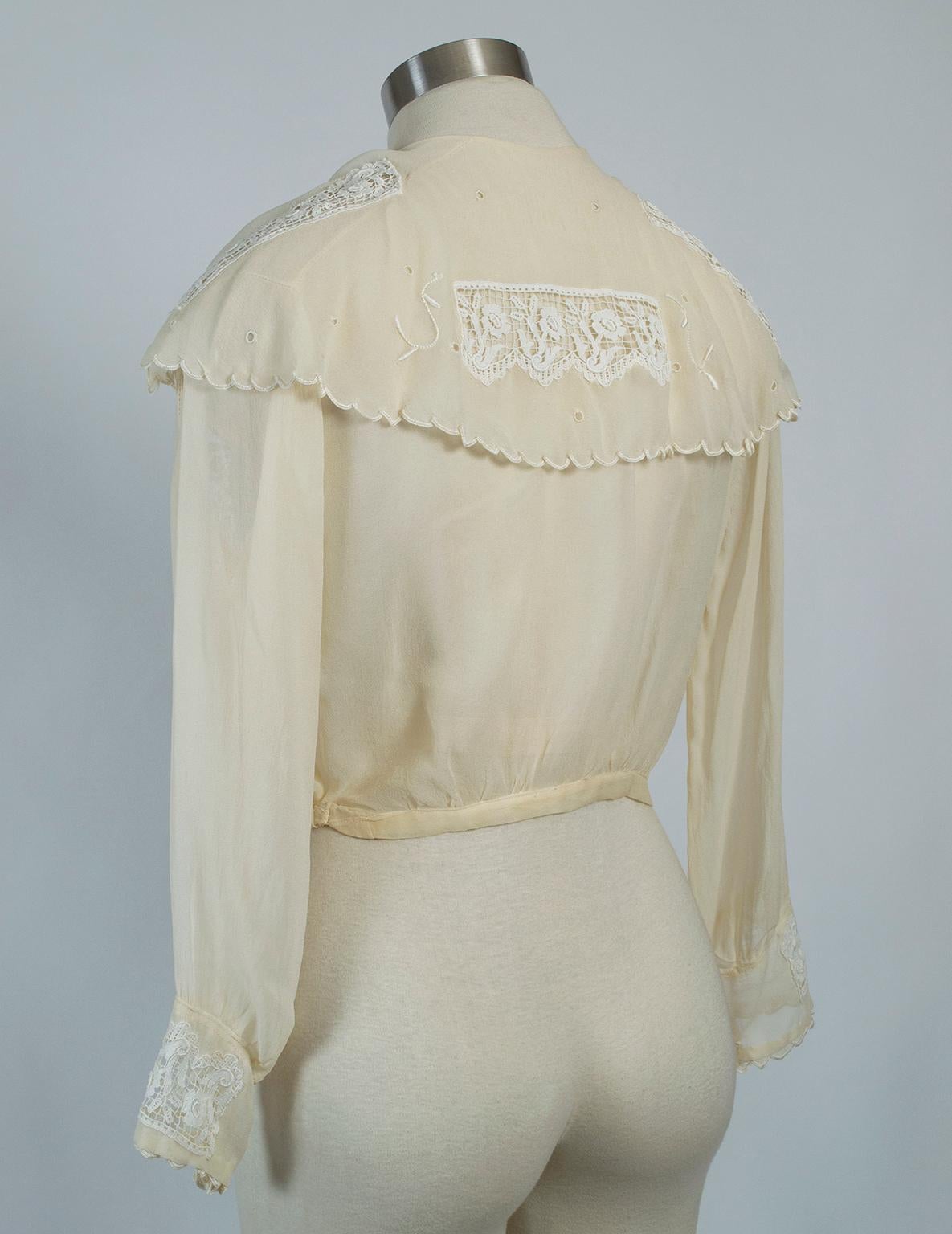 Beige Edwardian Silk Chiffon Sailor Bib Blouse, 1910s