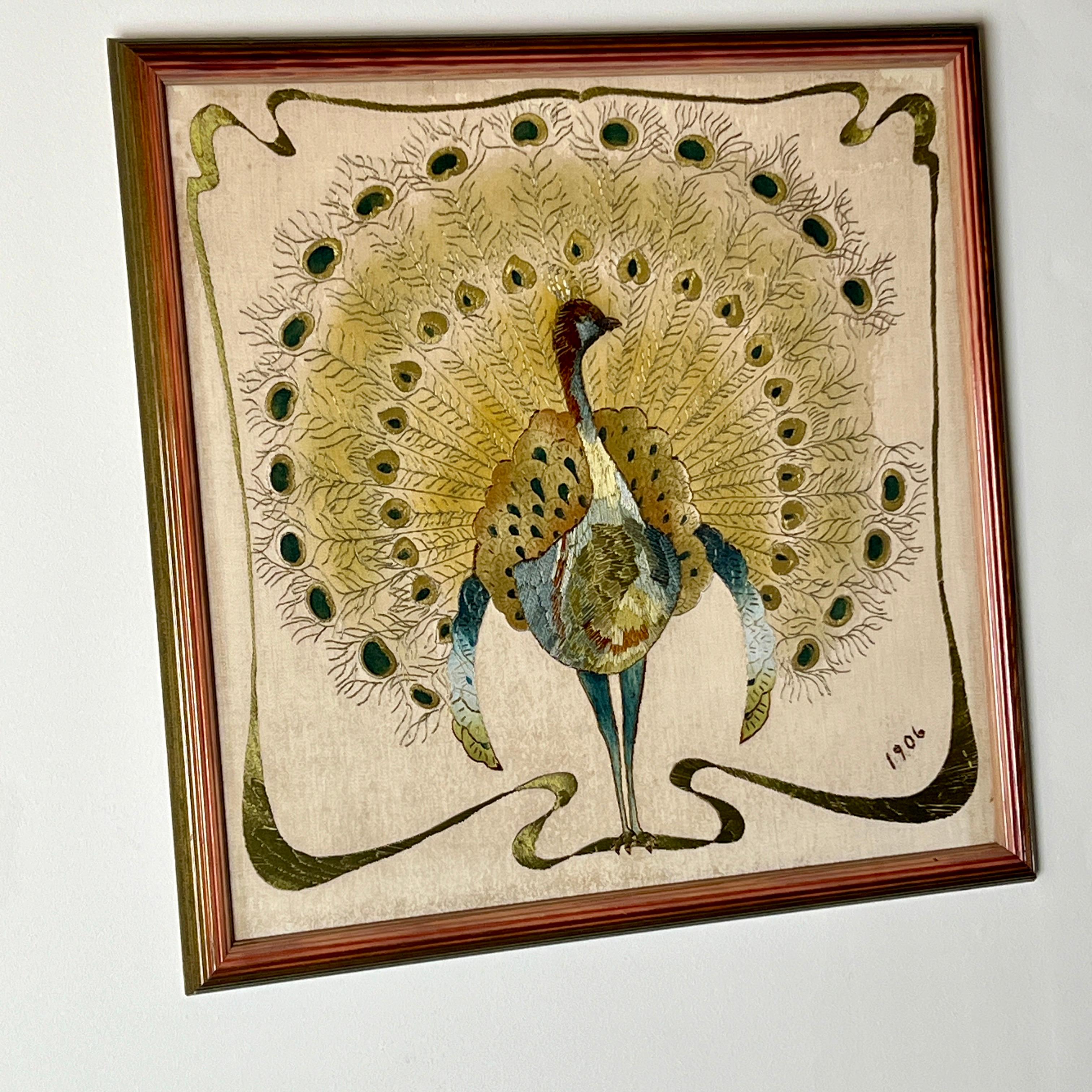 English Edwardian Silk Embroidery Of A Peacock