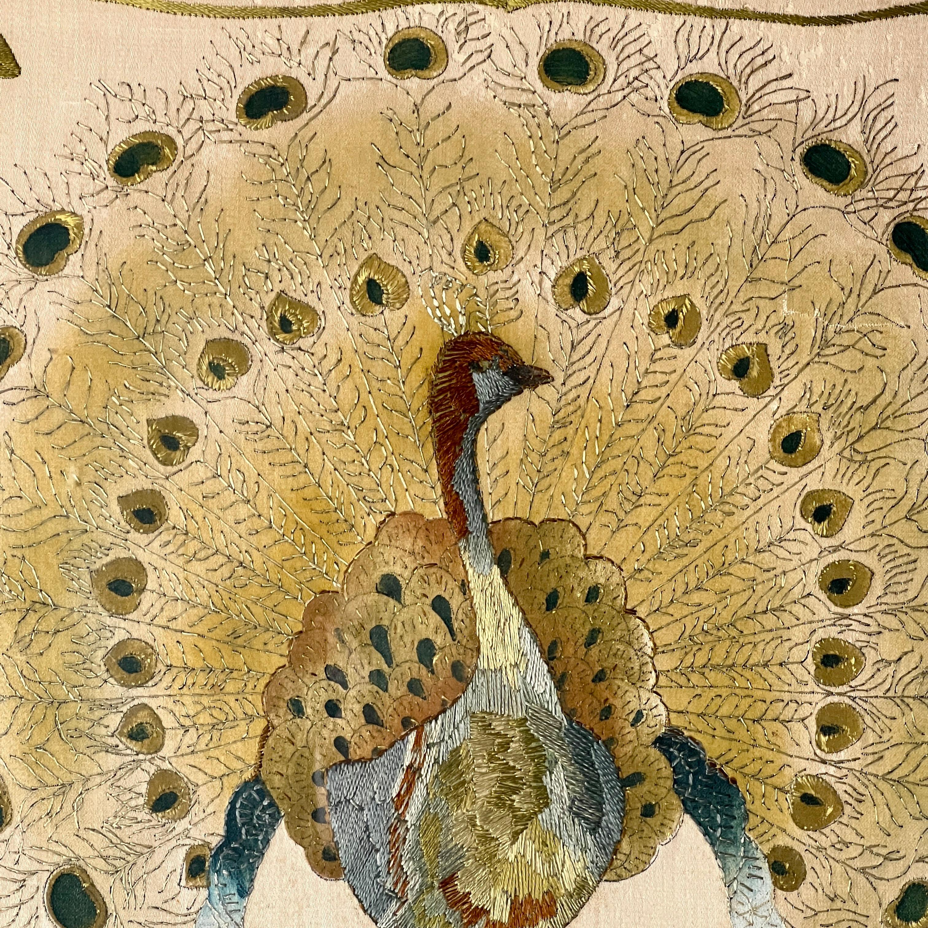 Hand-Crafted Edwardian Silk Embroidery Of A Peacock