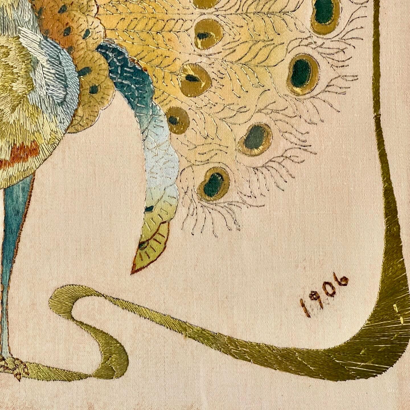 Edwardian Silk Embroidery Of A Peacock In Good Condition In London, GB