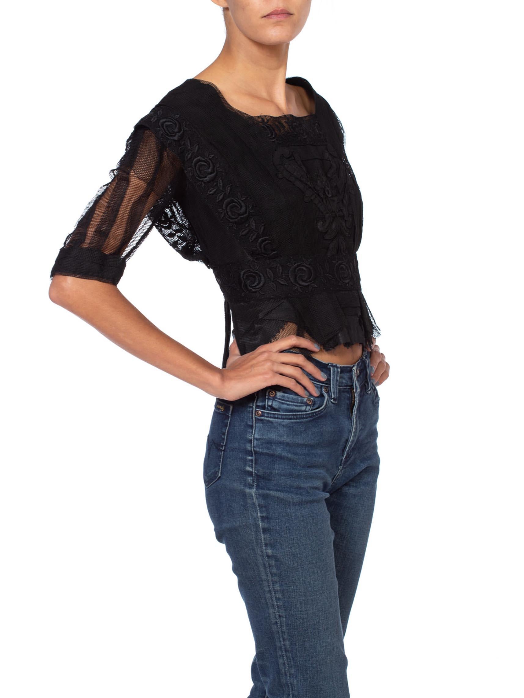 Edwardian Black Silk Net & Lace Blouse With Floral Embroidery 1