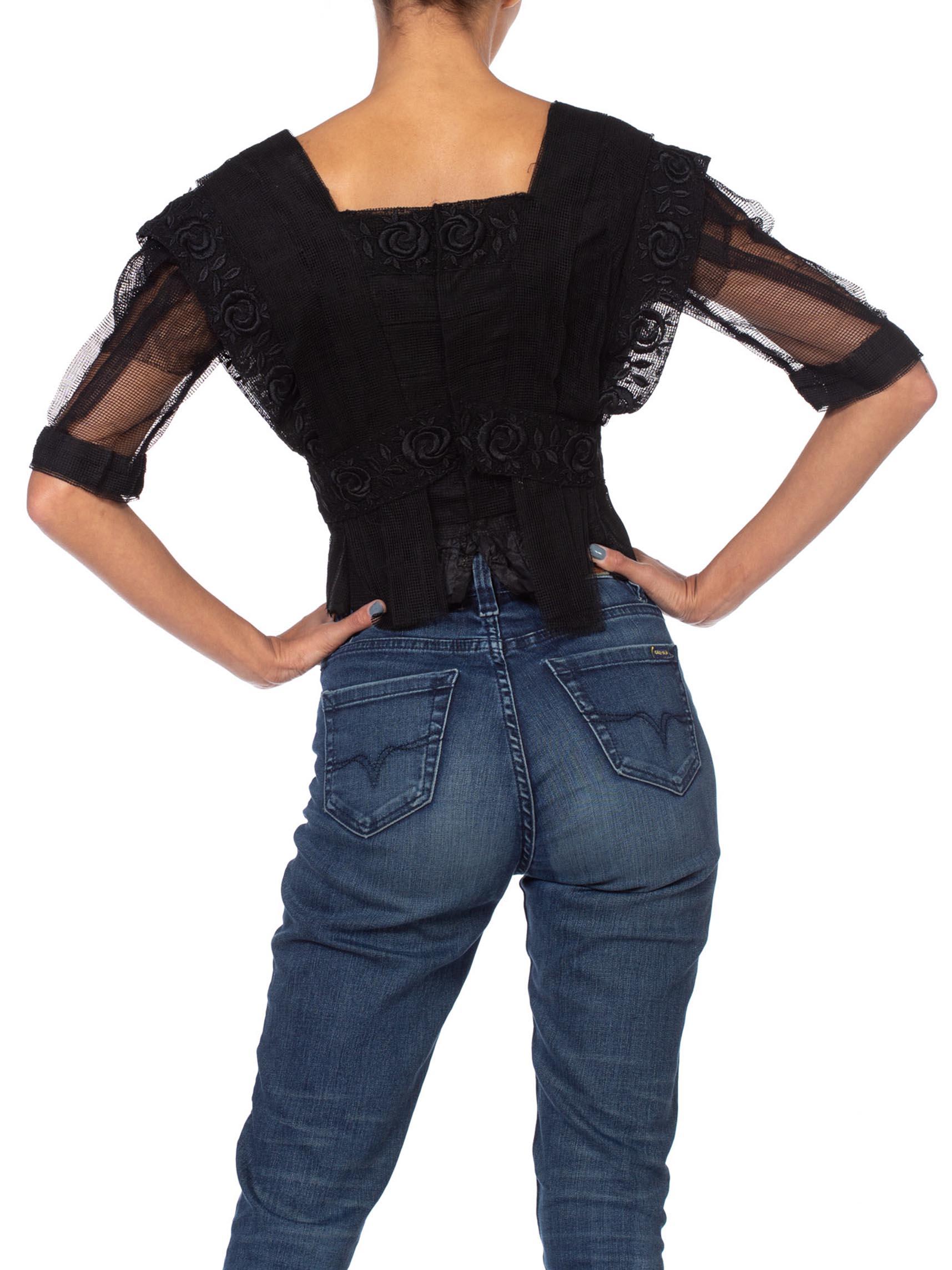 Edwardian Black Silk Net & Lace Blouse With Floral Embroidery 3