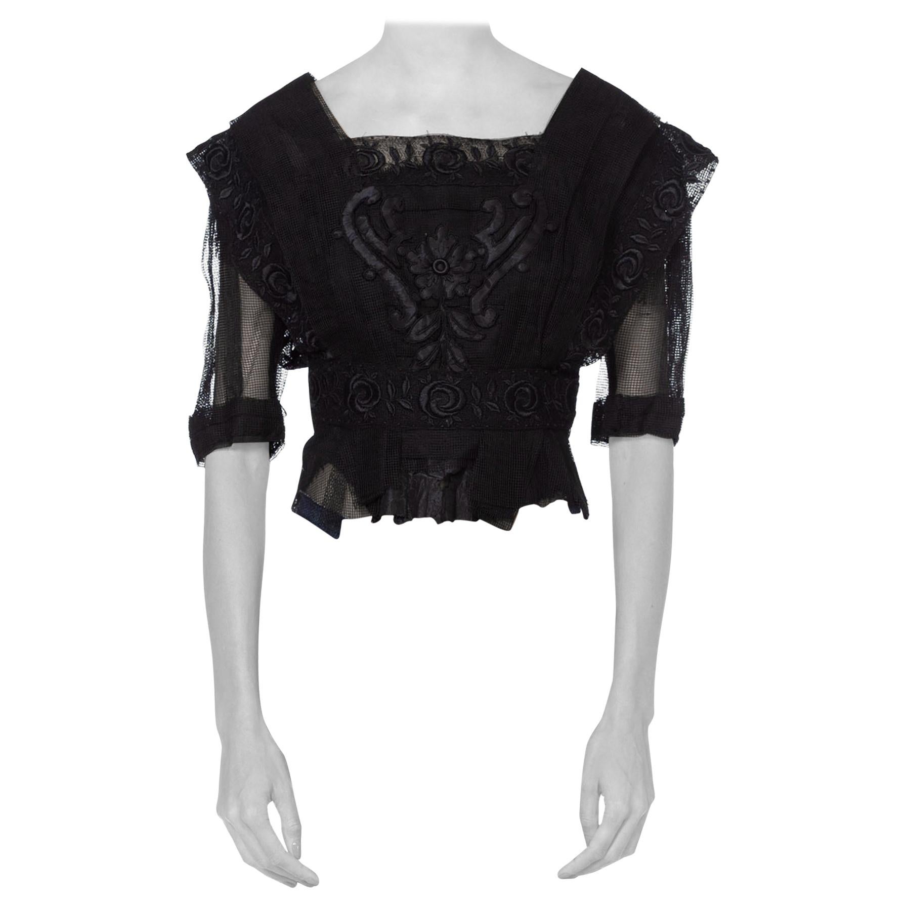 Edwardian Black Silk Net & Lace Blouse With Floral Embroidery