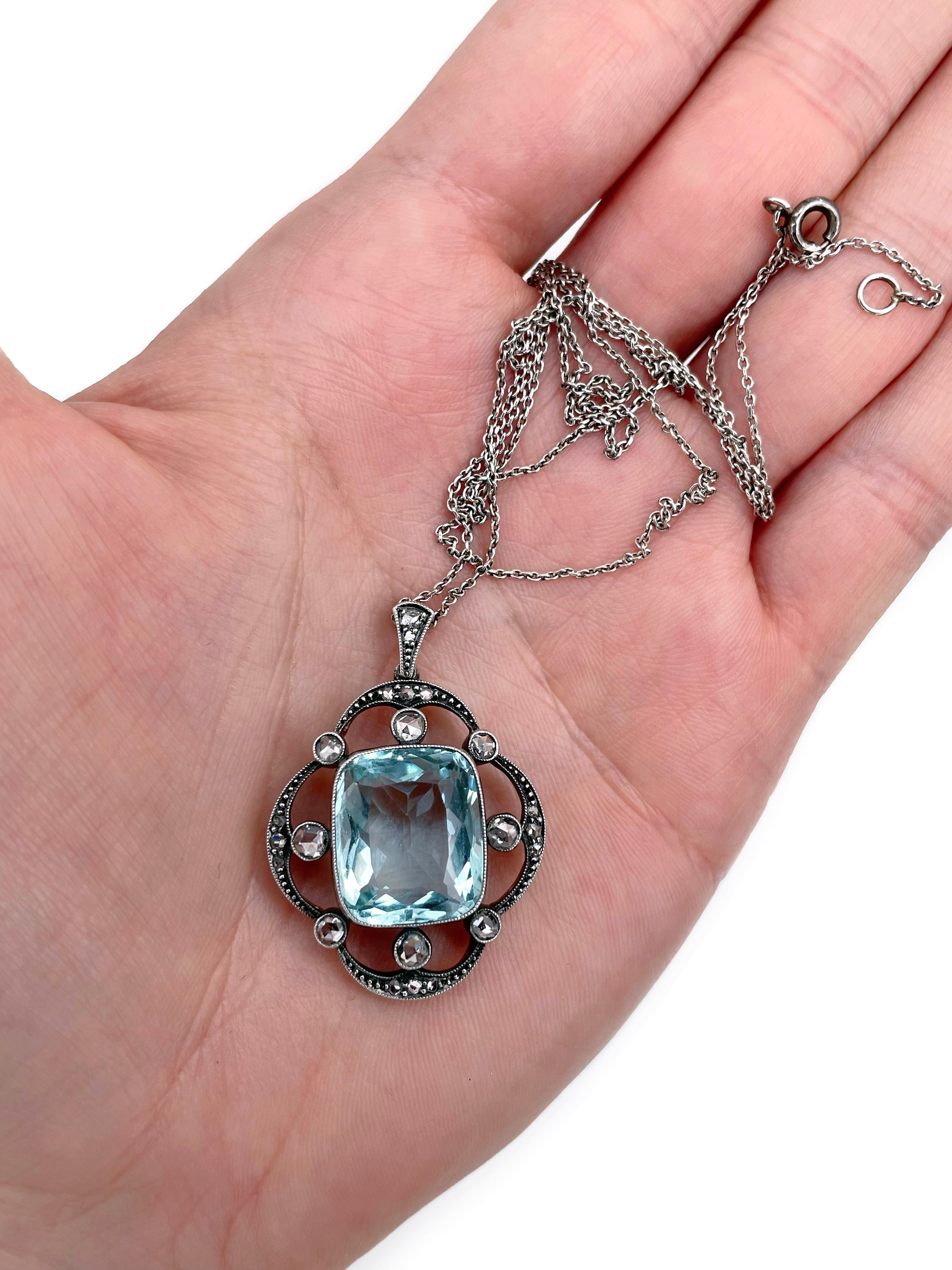 Édouardien Collier pendentif en argent de style édouardien avec aigue-marine de 9,00 carats et diamant de 0,65 carat en vente