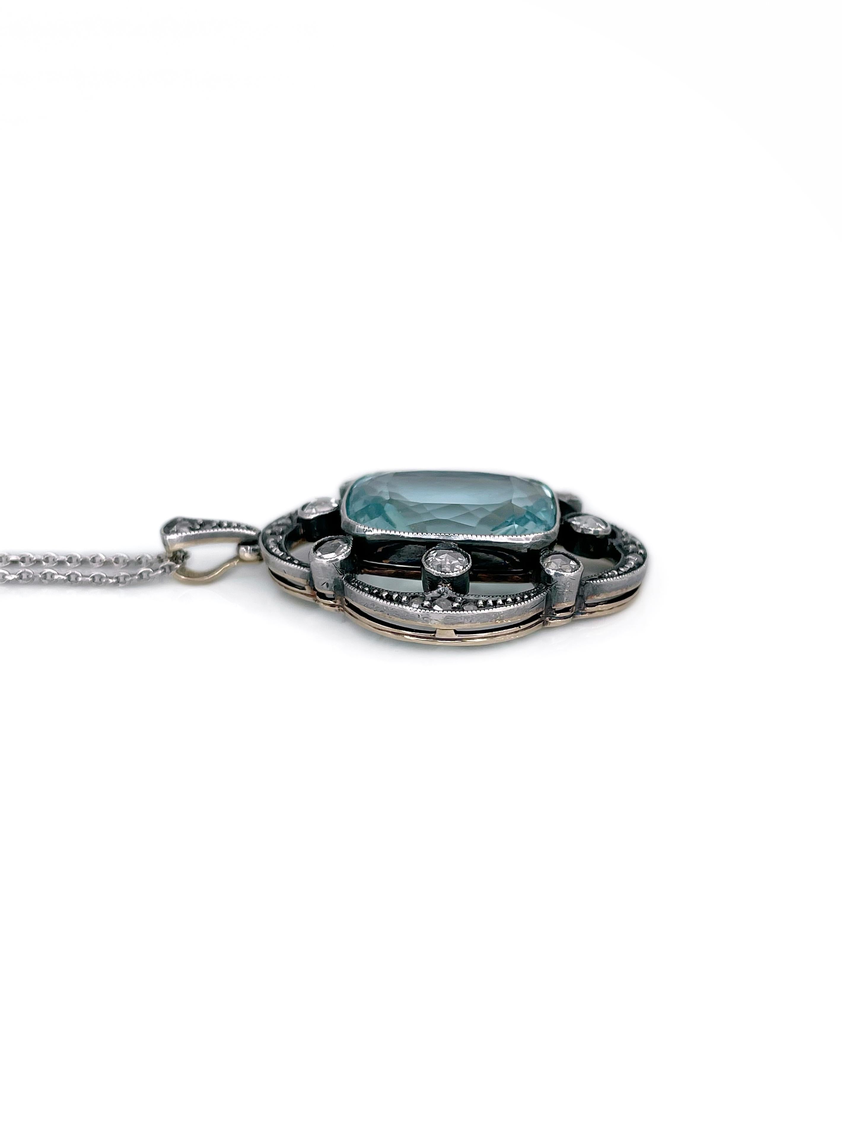 Taille mixte Collier pendentif en argent de style édouardien avec aigue-marine de 9,00 carats et diamant de 0,65 carat en vente