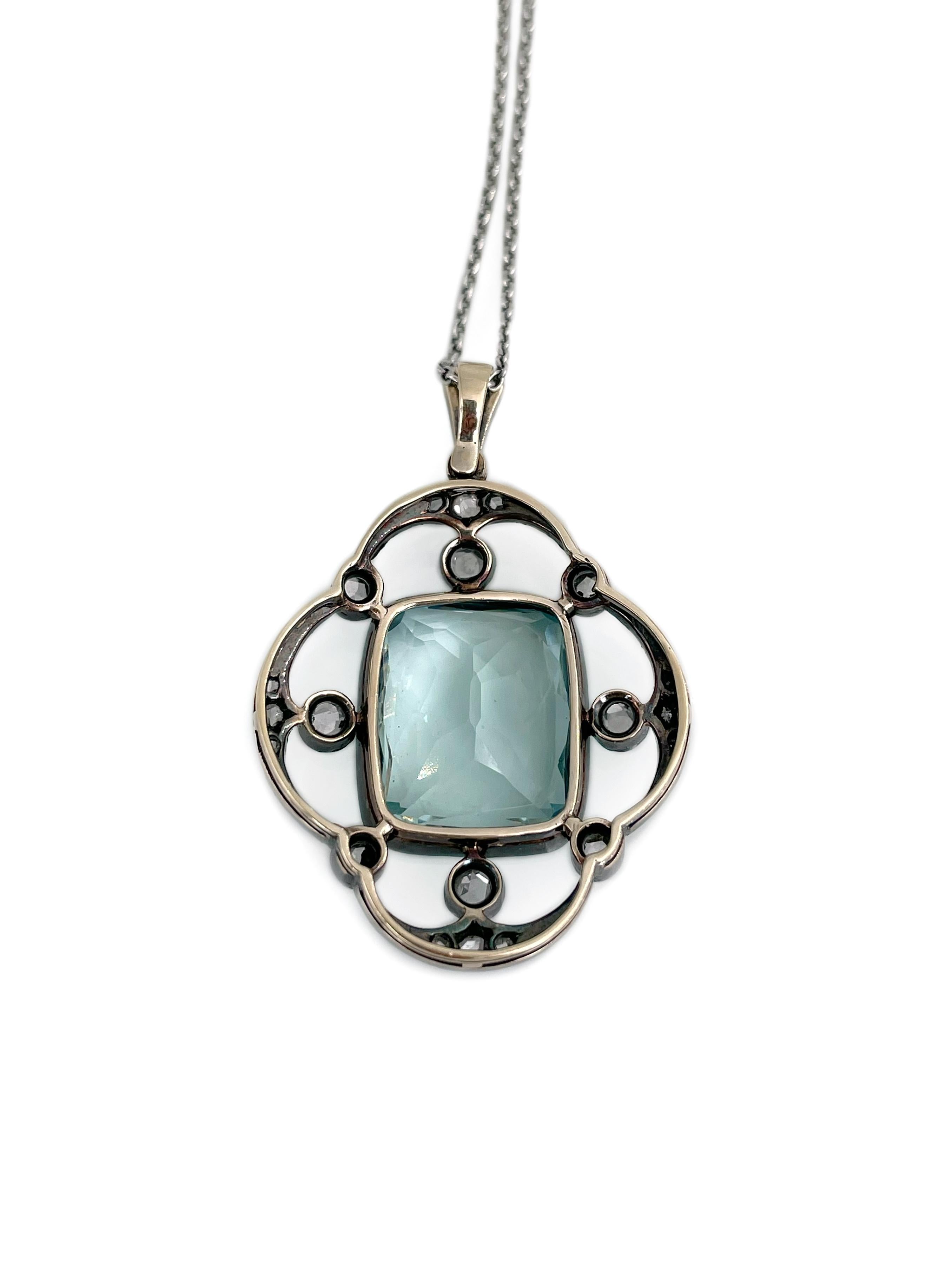 Collier pendentif en argent de style édouardien avec aigue-marine de 9,00 carats et diamant de 0,65 carat Bon état - En vente à Vilnius, Vilniaus apskr.