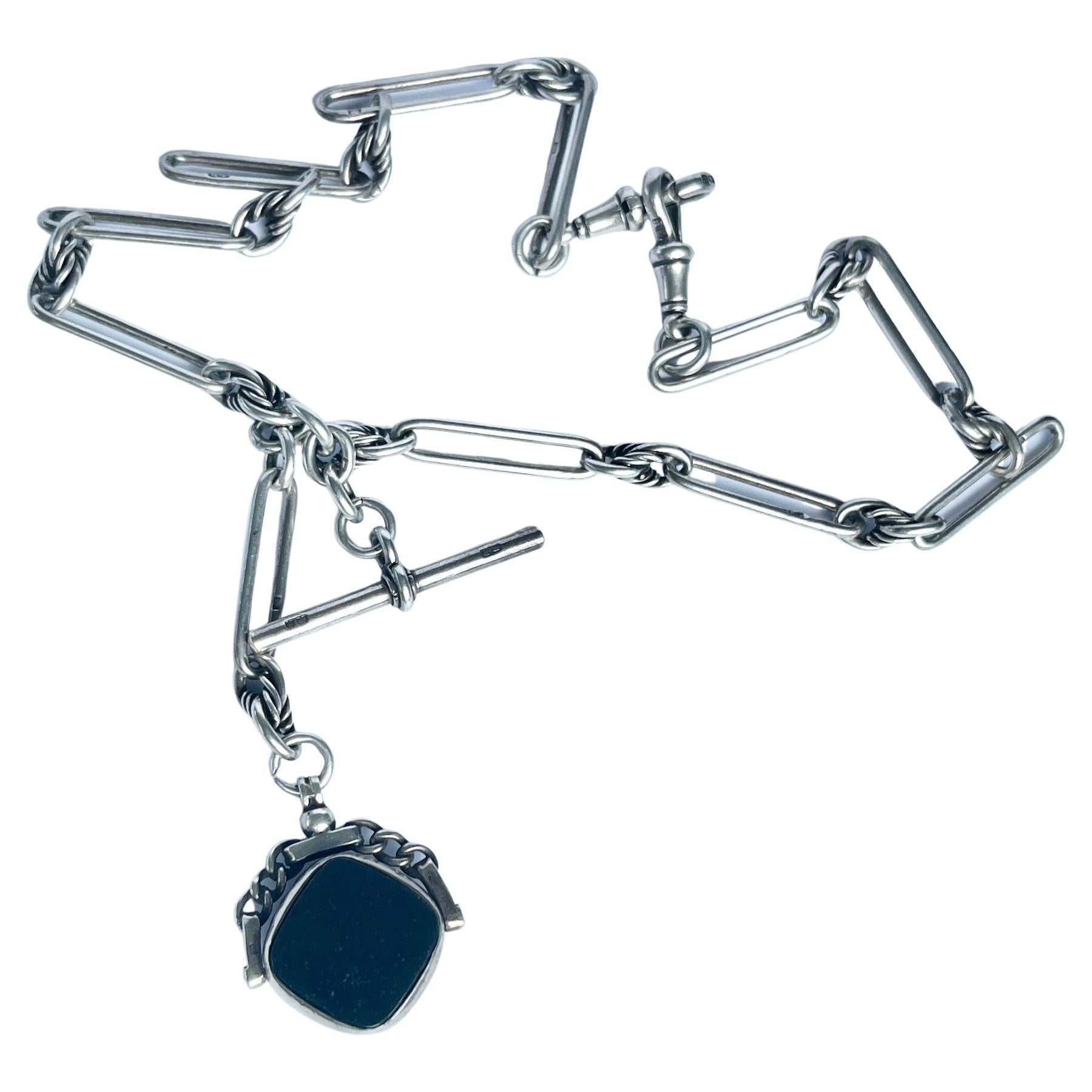 Albert- oder Halskette aus edwardianischem Silber mit T-Bar und Knopfleiste
