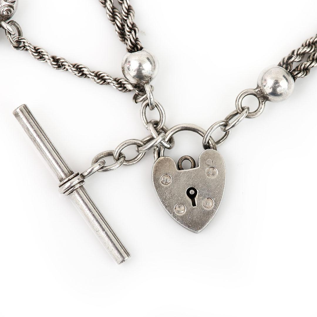 Albertina-Armband aus edwardianischem Silber mit Herzen und T-Bar aus Silber, um 1905 im Zustand „Gut“ in Lancashire, Oldham