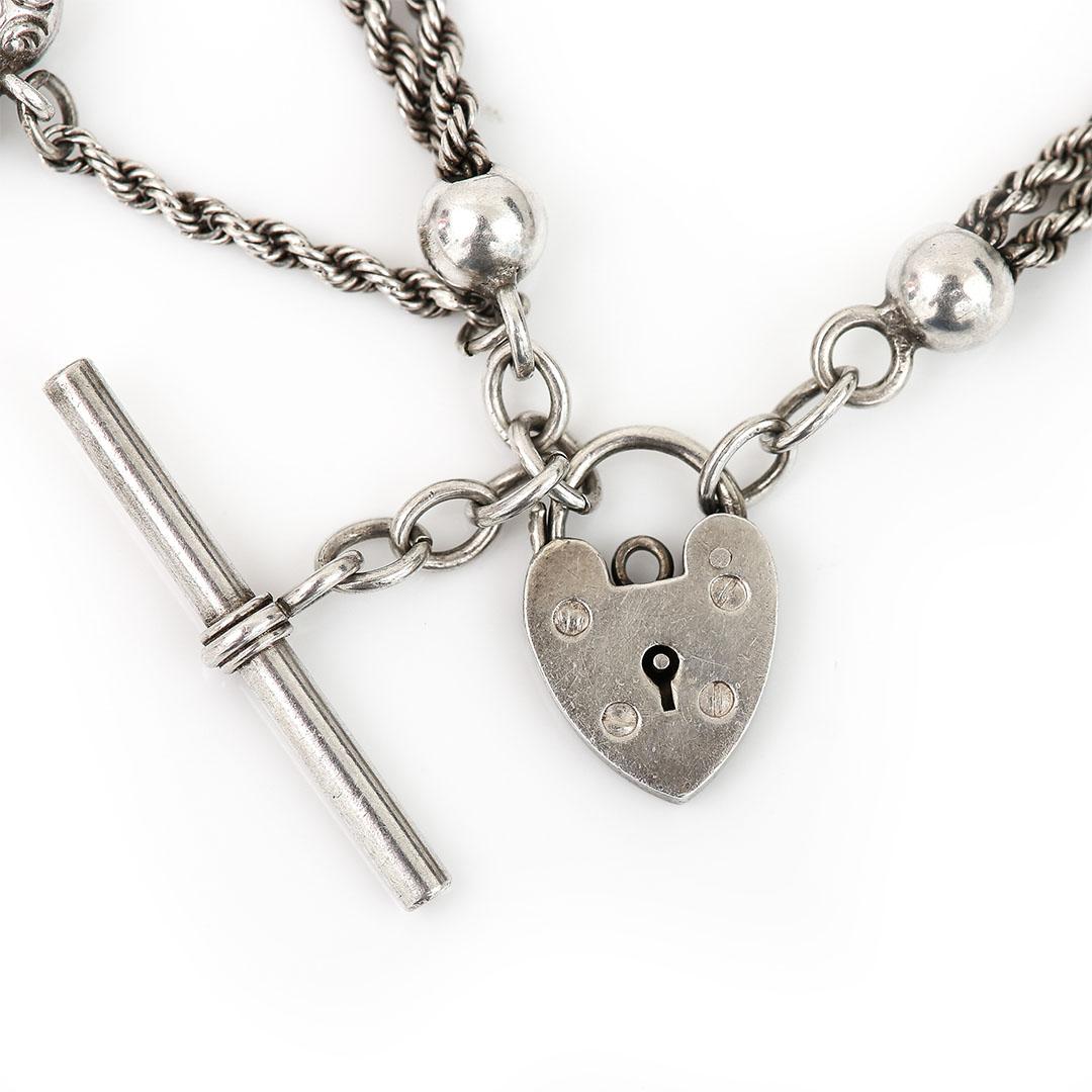 Women's Edwardian Silver Albertina Bracelet with Hearts and T-Bar, Circa 1905