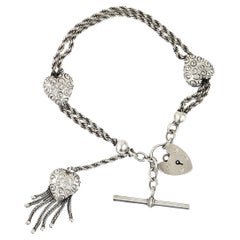 Antique Edwardian Silver Albertina Bracelet with Hearts and T-Bar, Circa 1905