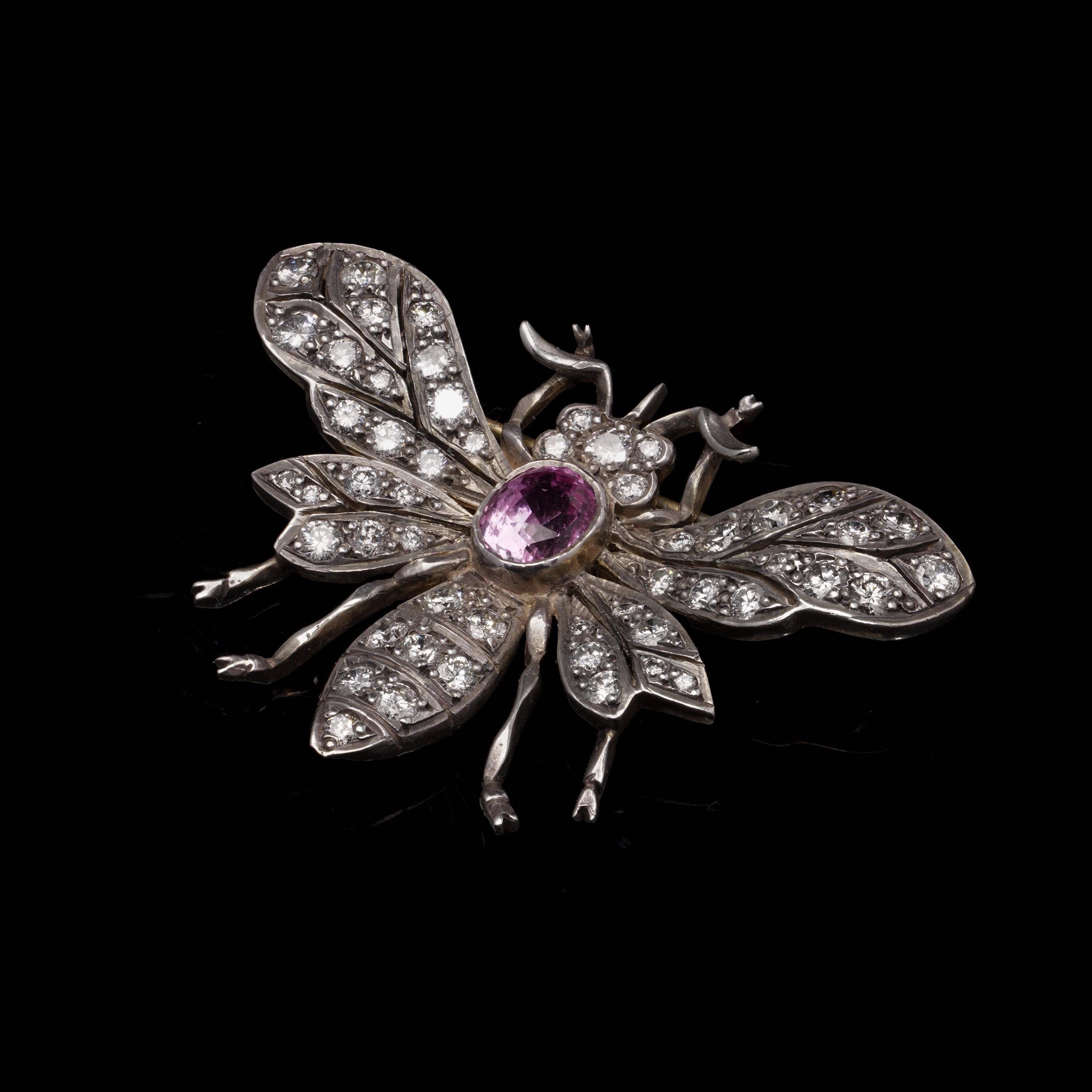 Edwardian Silver and Gold Pink Sapphire and Diamond Insect Brooch In Good Condition For Sale In Braintree, GB