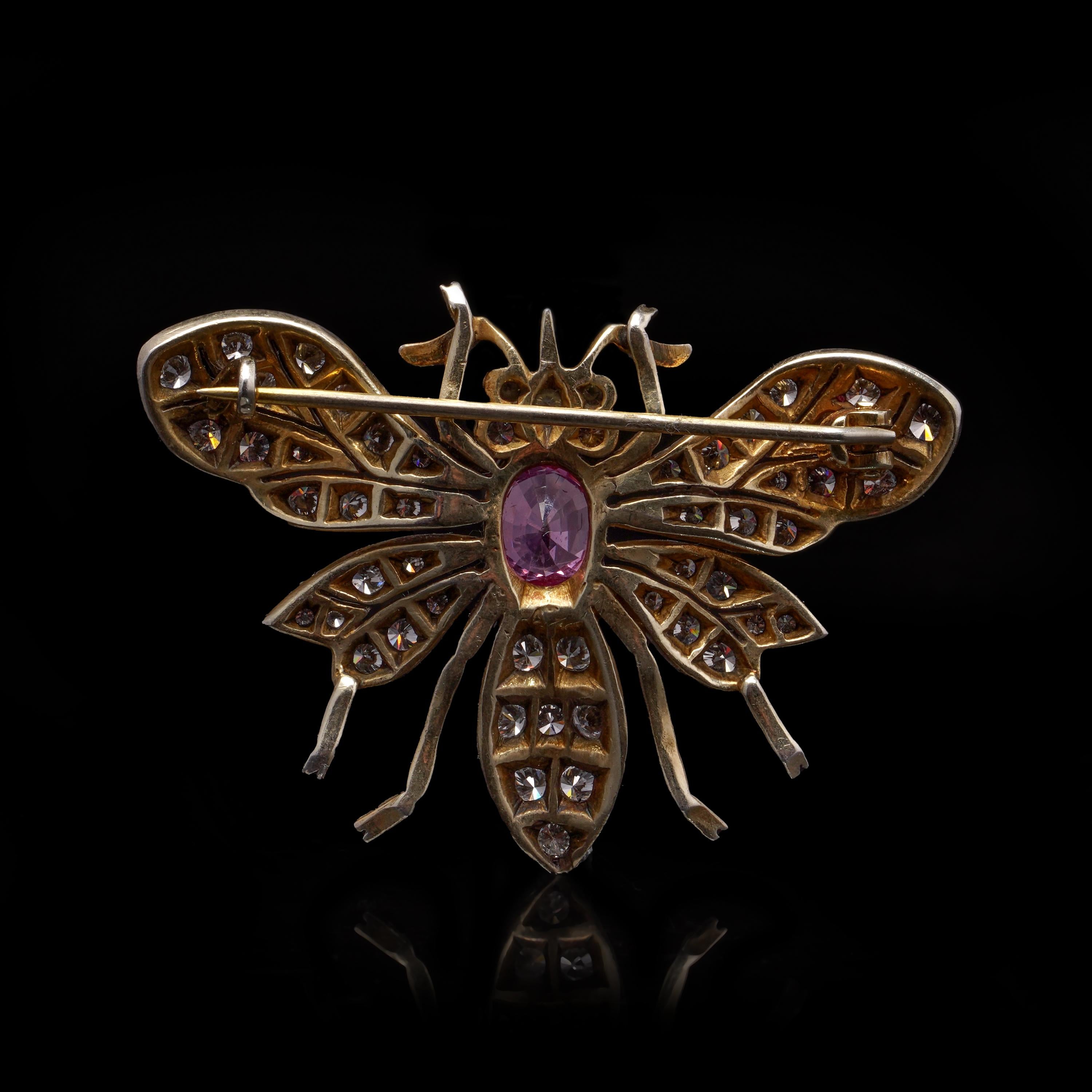Edwardian Silver and Gold Pink Sapphire and Diamond Insect Brooch For Sale 1