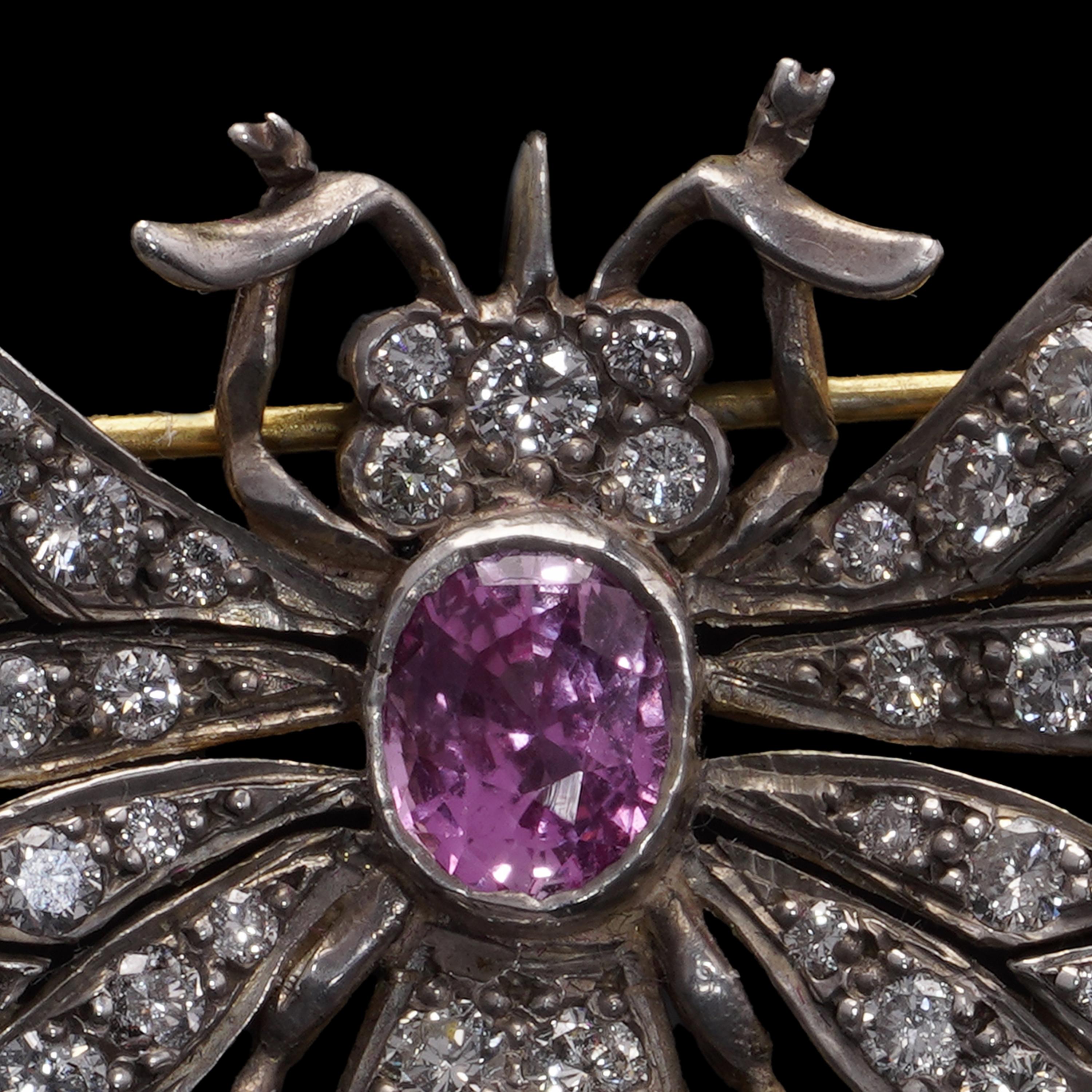 Edwardian Silver and Gold Pink Sapphire and Diamond Insect Brooch For Sale 2