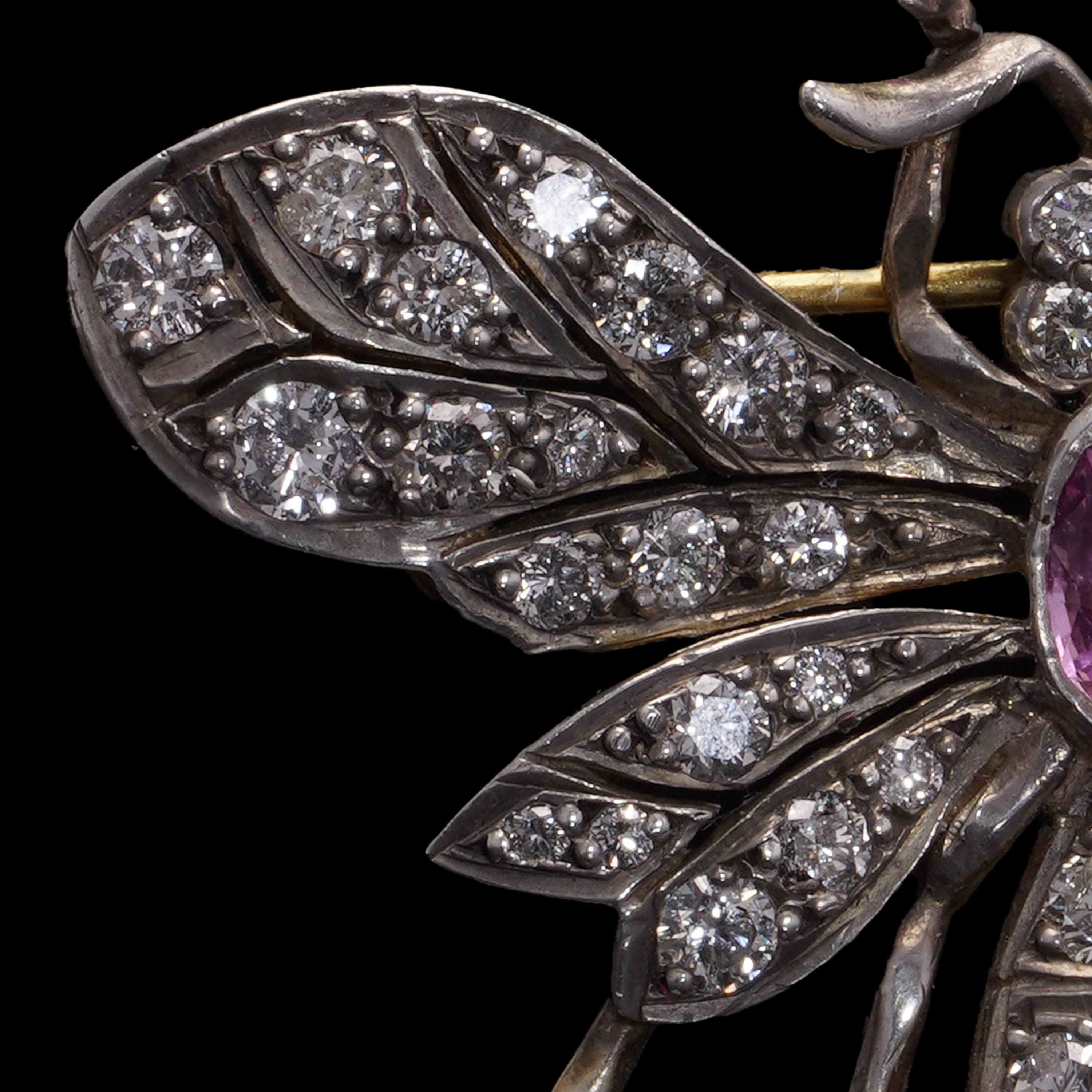 Edwardian Silver and Gold Pink Sapphire and Diamond Insect Brooch For Sale 3