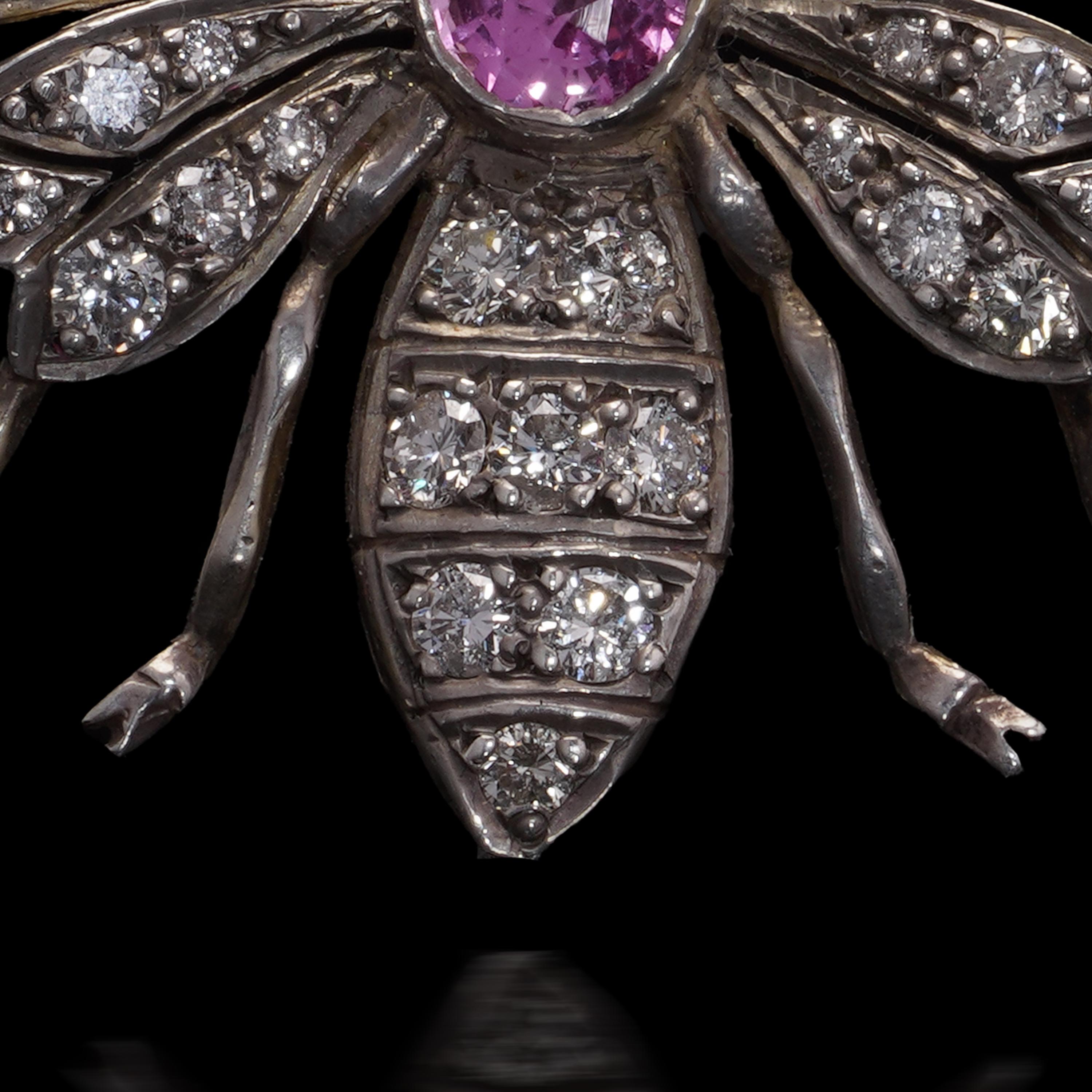 Edwardian Silver and Gold Pink Sapphire and Diamond Insect Brooch For Sale 4