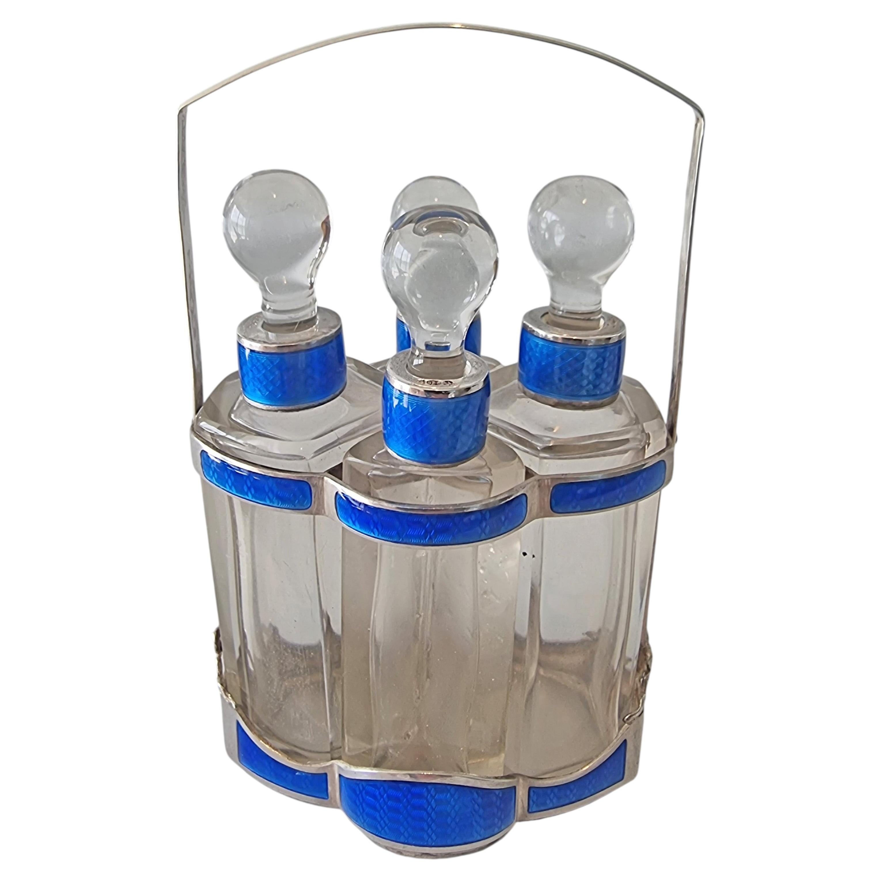 Edwardian Silver and Guilloché Enamel Four-Bottle Scent Set For Sale