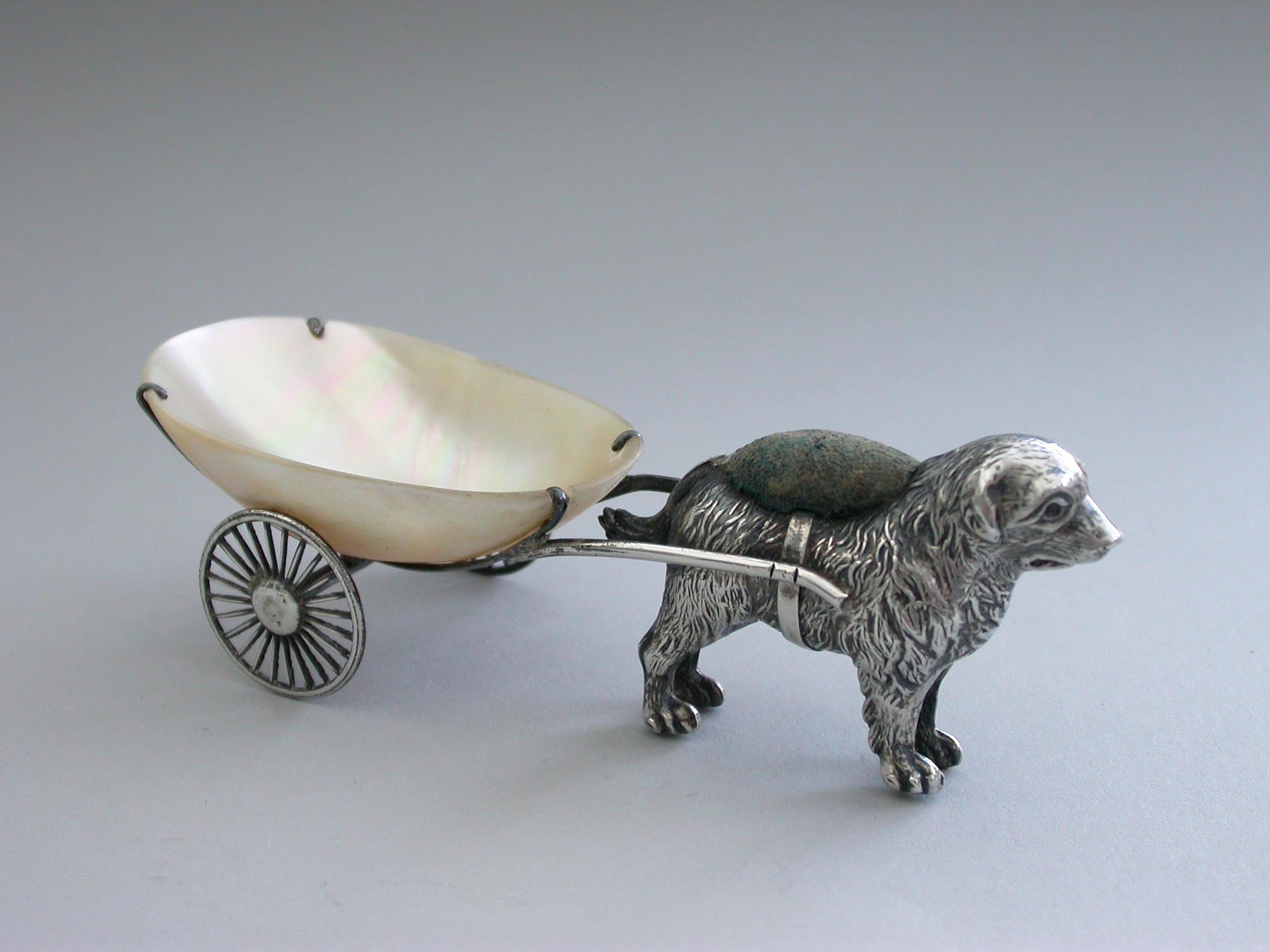 Edwardian Silver and Mother of Pearl Dog Pulling a Cart Pin Pin Cushion, 1908 For Sale 5