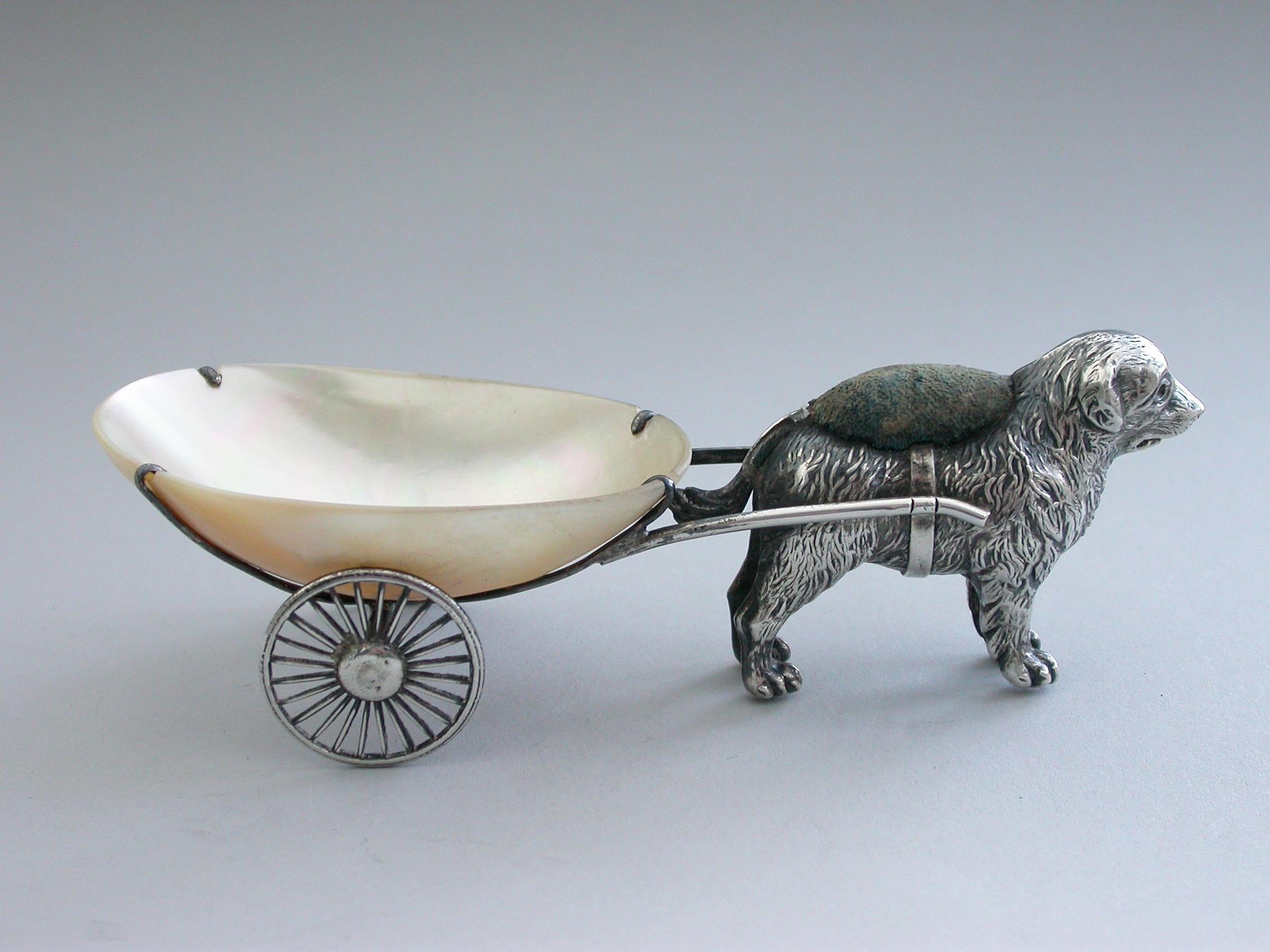 Edwardian Silver and Mother of Pearl Dog Pulling a Cart Pin Pin Cushion, 1908 For Sale 6