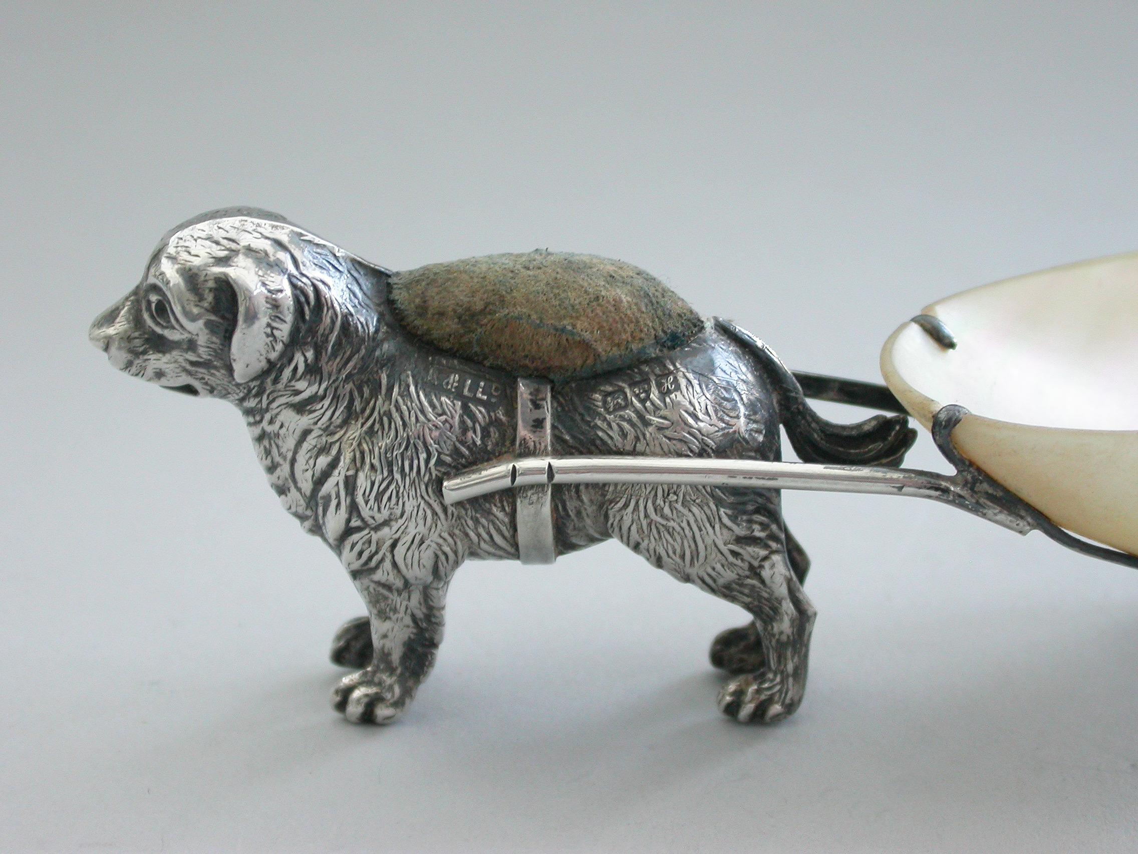 Edwardian Silver and Mother of Pearl Dog Pulling a Cart Pin Pin Cushion, 1908 For Sale 7