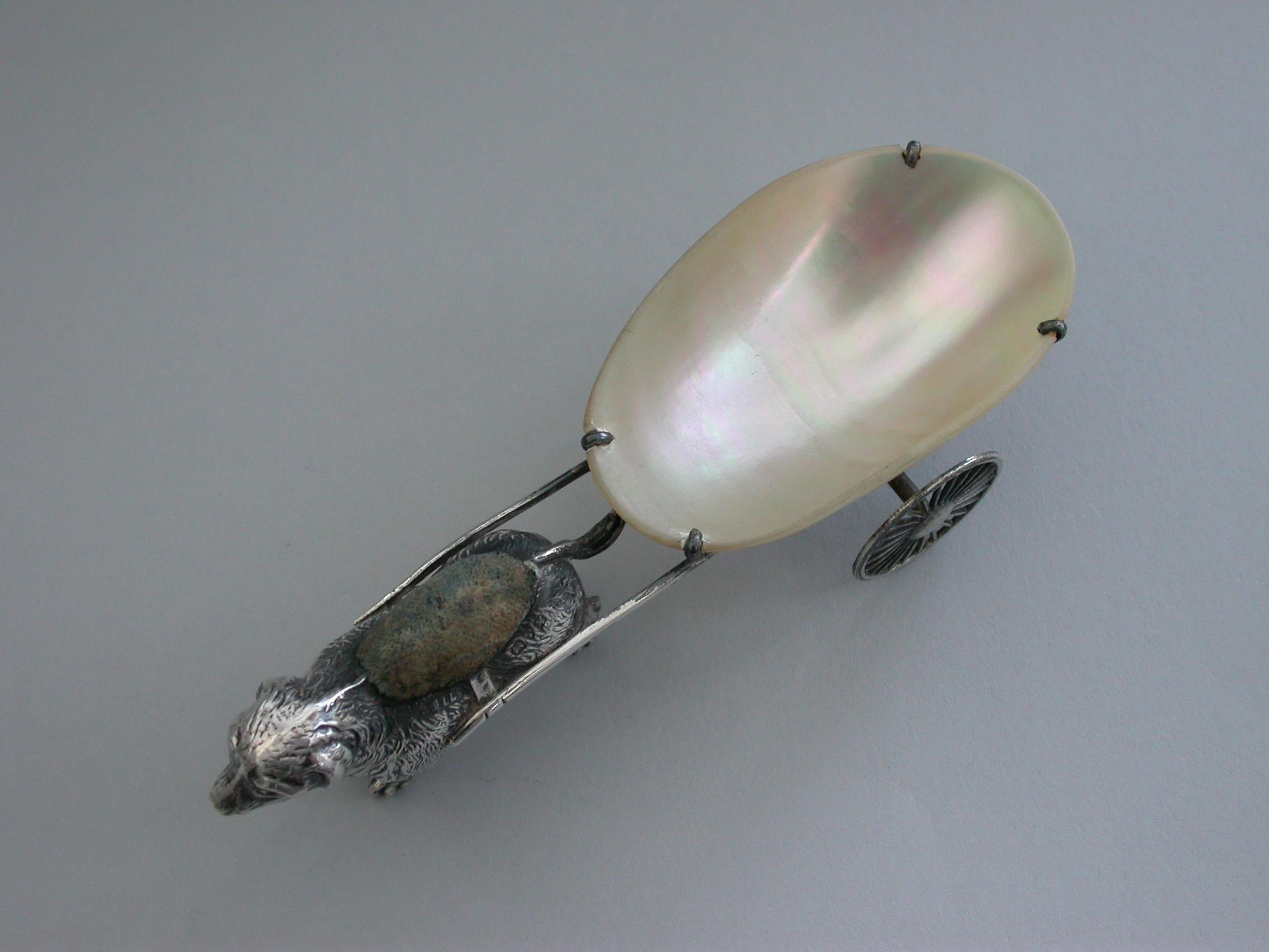 English Edwardian Silver and Mother of Pearl Dog Pulling a Cart Pin Pin Cushion, 1908 For Sale