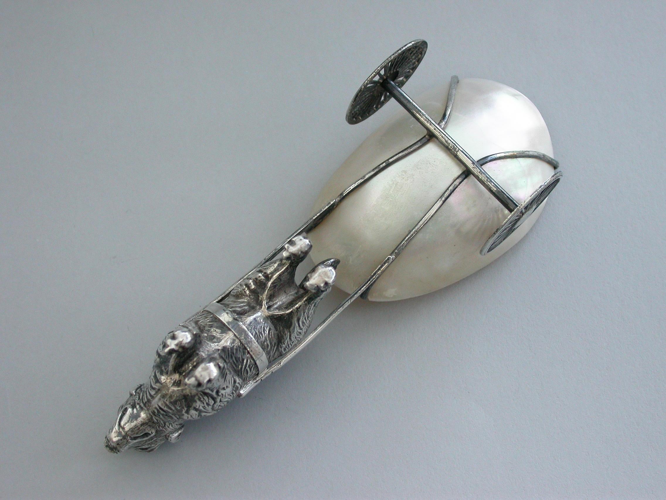 Edwardian Silver and Mother of Pearl Dog Pulling a Cart Pin Pin Cushion, 1908 In Good Condition For Sale In Sittingbourne, Kent