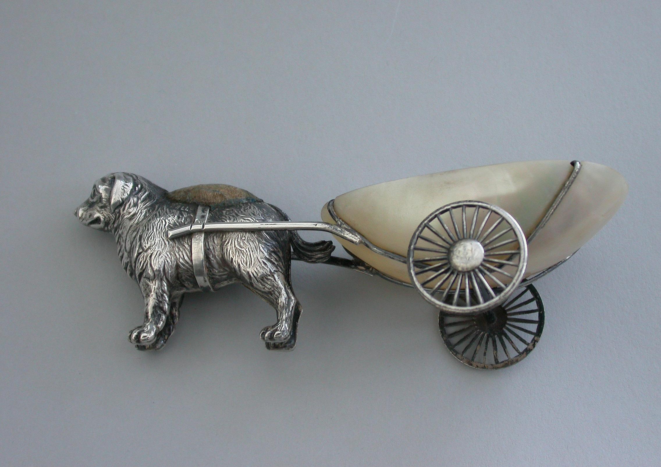 Early 20th Century Edwardian Silver and Mother of Pearl Dog Pulling a Cart Pin Pin Cushion, 1908 For Sale