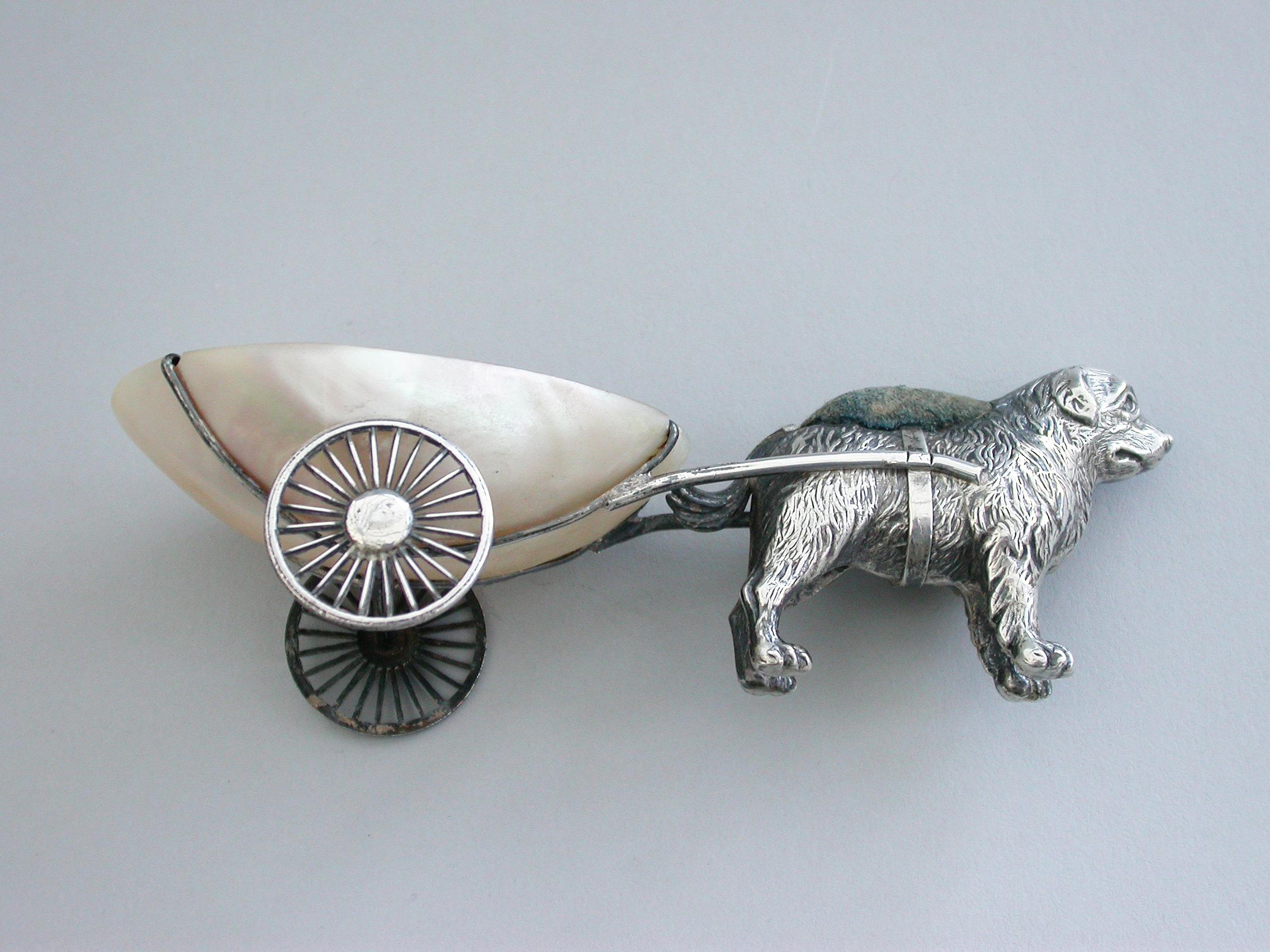 Edwardian Silver and Mother of Pearl Dog Pulling a Cart Pin Pin Cushion, 1908 For Sale 1