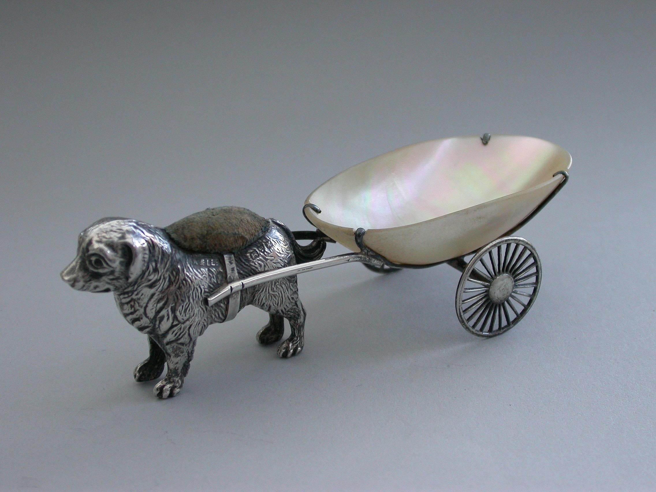Edwardian Silver and Mother of Pearl Dog Pulling a Cart Pin Pin Cushion, 1908 For Sale 3