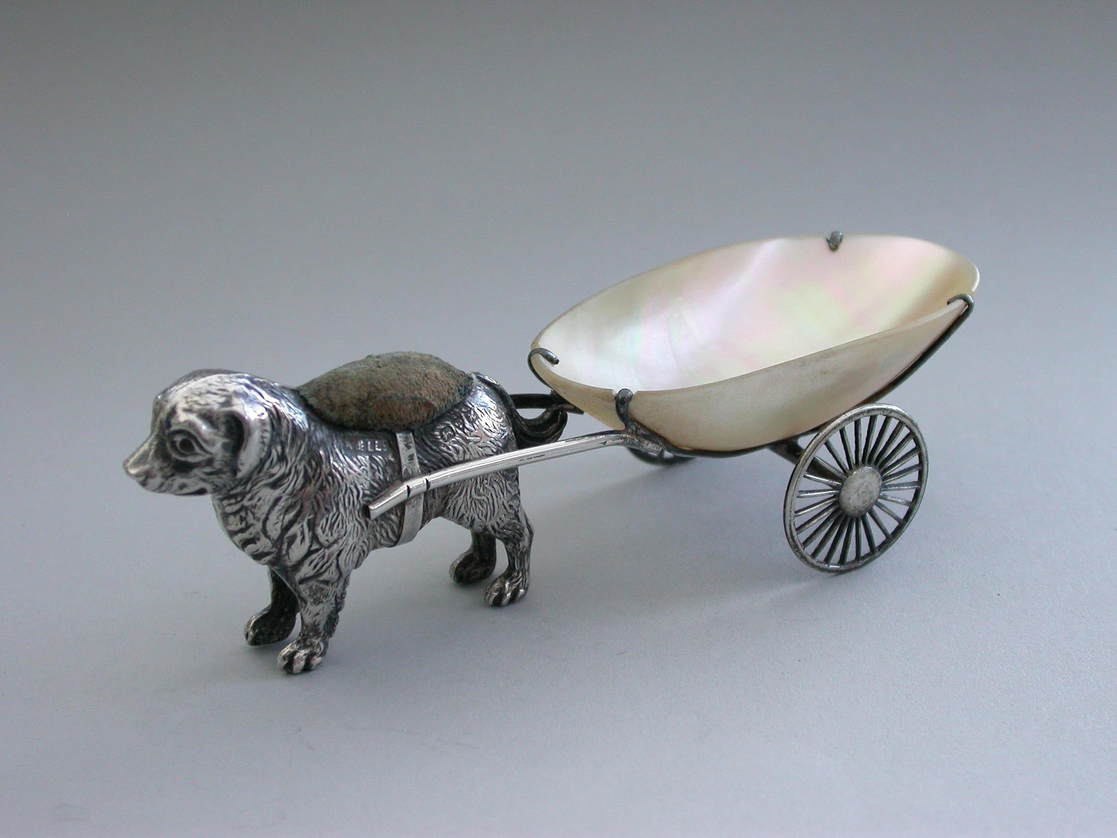 Edwardian Silver and Mother of Pearl Dog Pulling a Cart Pin Pin Cushion, 1908 For Sale 4