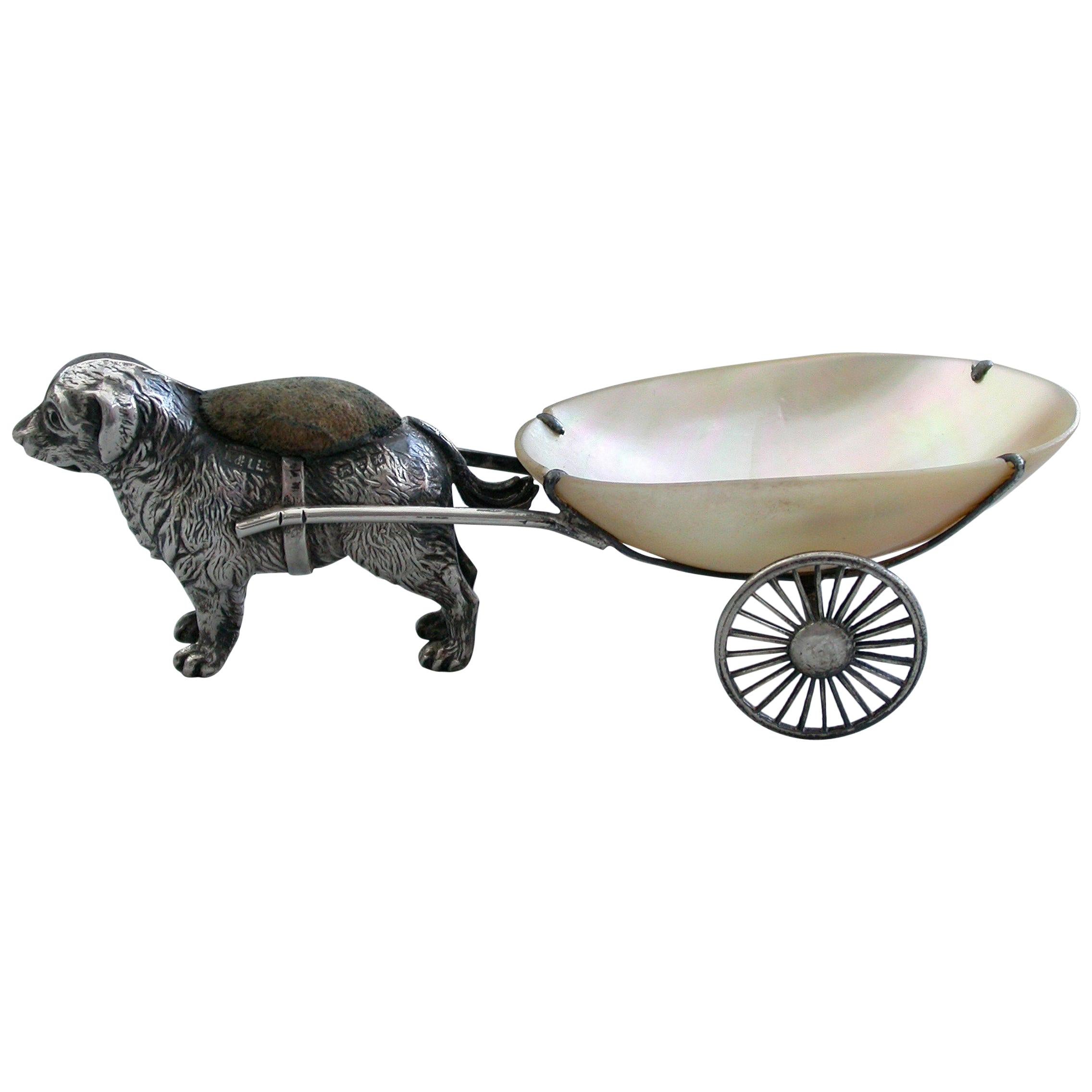 Edwardian Silver and Mother of Pearl Dog Pulling a Cart Pin Pin Cushion, 1908 For Sale
