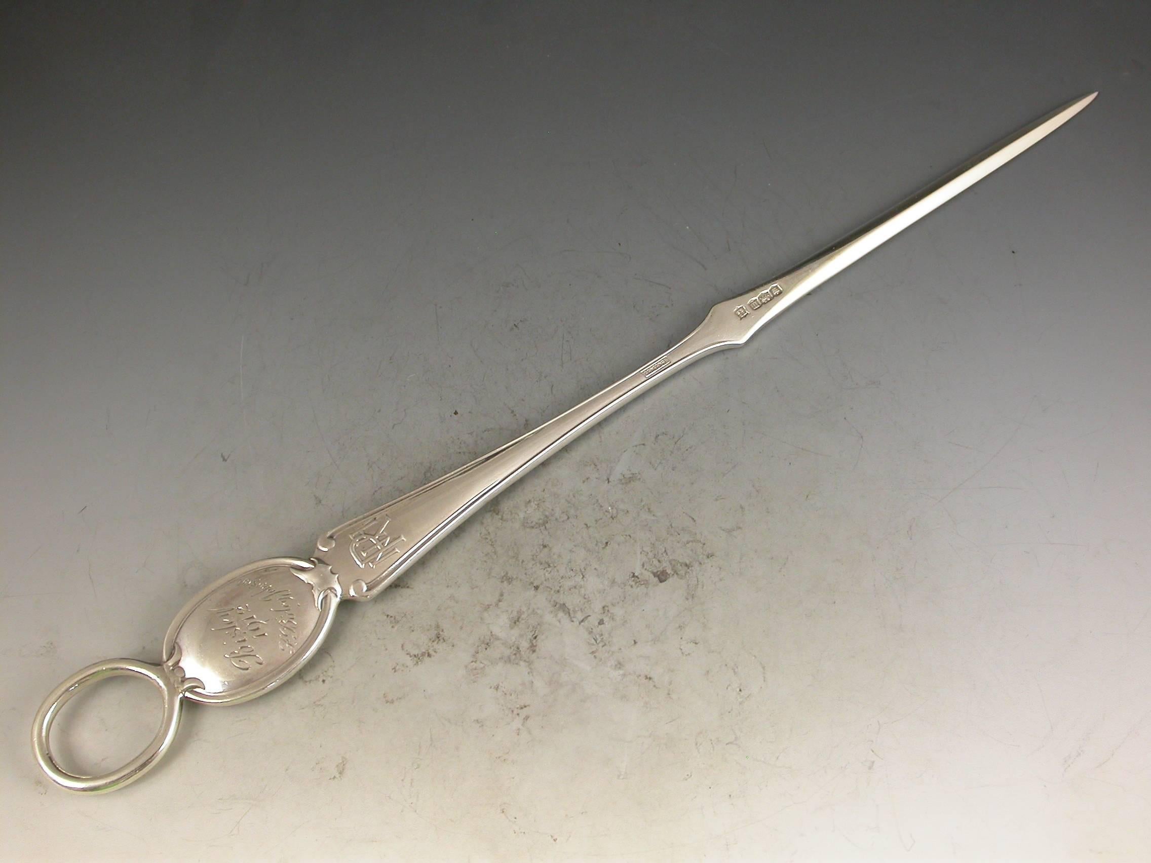 English Edwardian Silver Bisley Shooting Prize Letter Opener / Skewer, Sheffield, 1904 For Sale