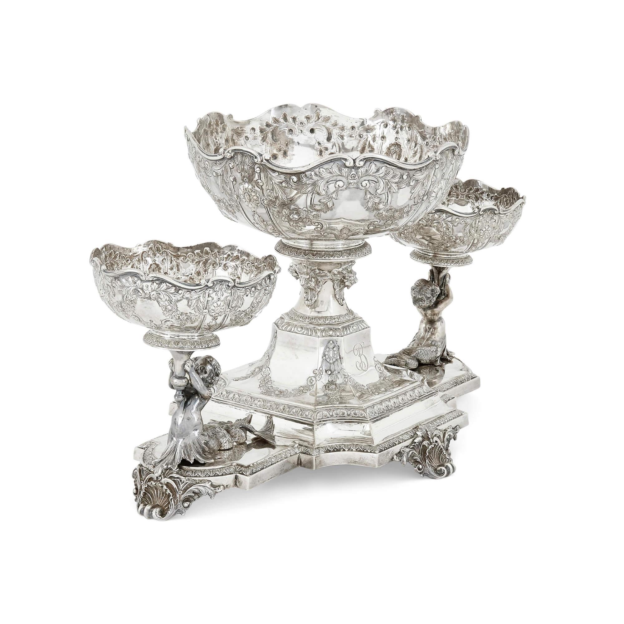 English Edwardian Silver Centrepiece Suite by Horace Woodward & Co. London For Sale