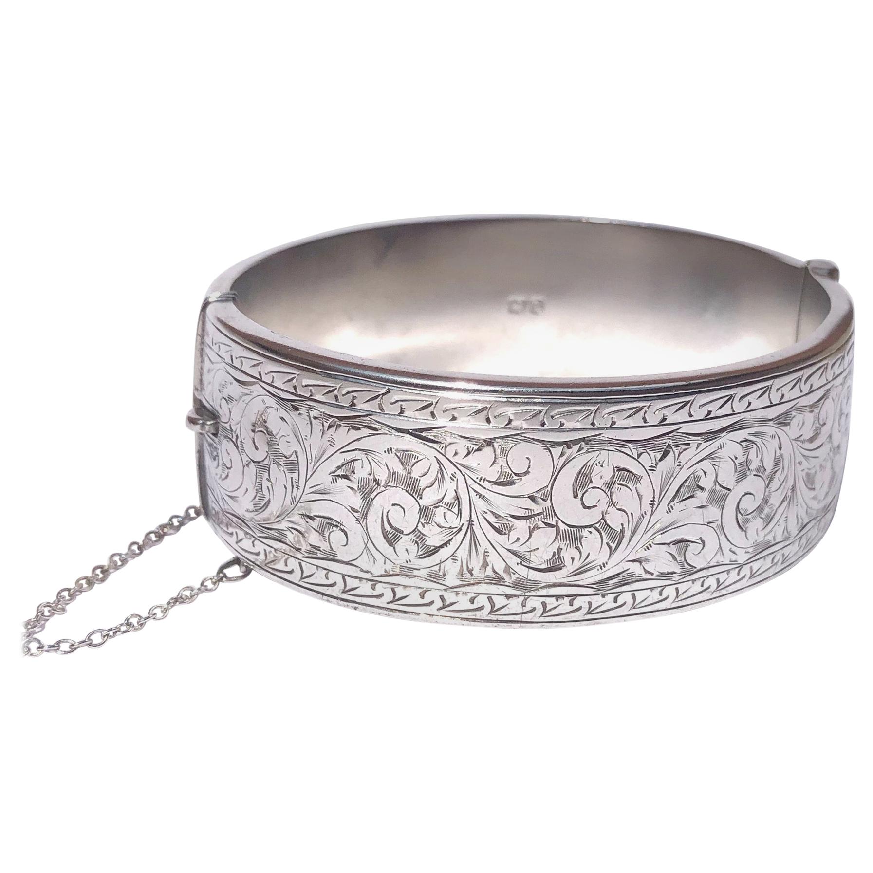 Edwardian Silver Engraved Bangle For Sale