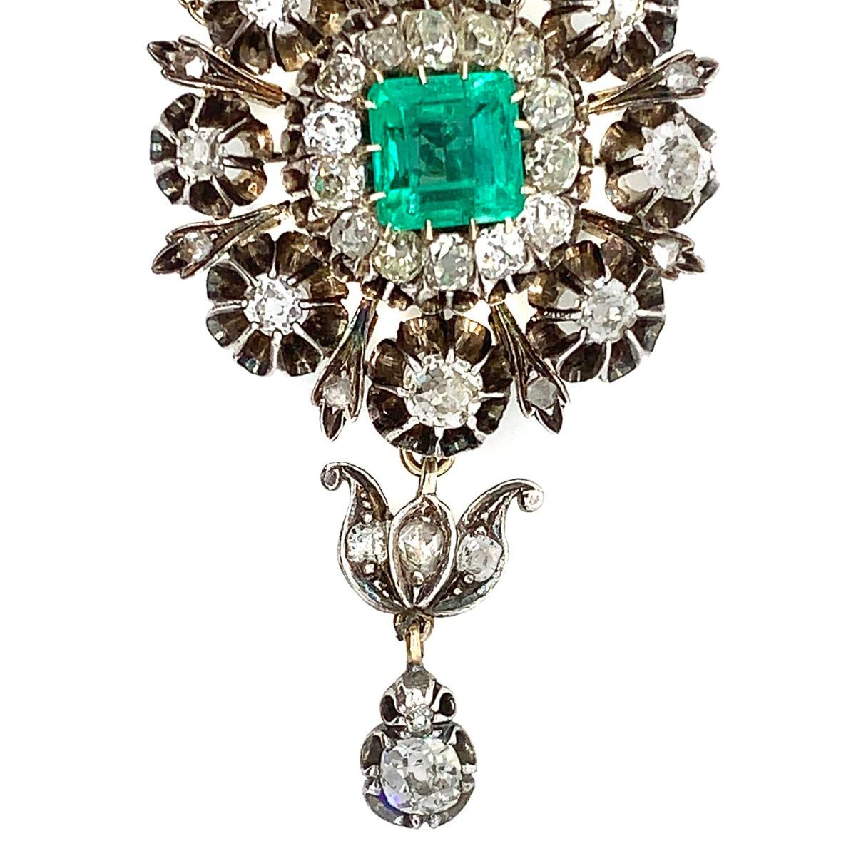 Edwardian Silver and Gold Diamond and Colombian Emerald Brooch 1