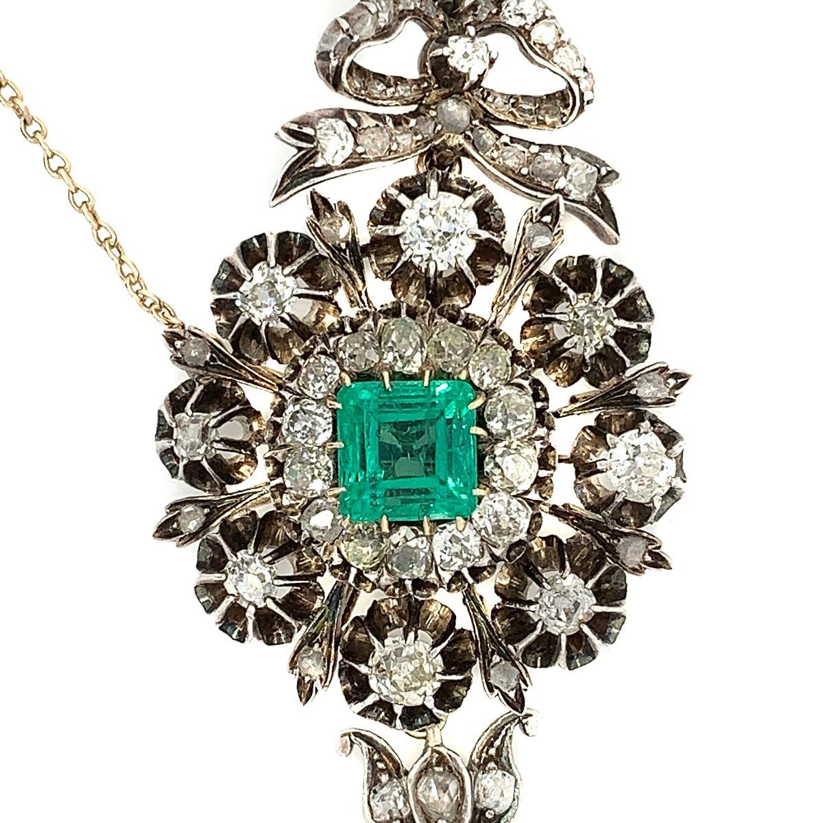 Edwardian Silver and Gold Diamond and Colombian Emerald Brooch 2