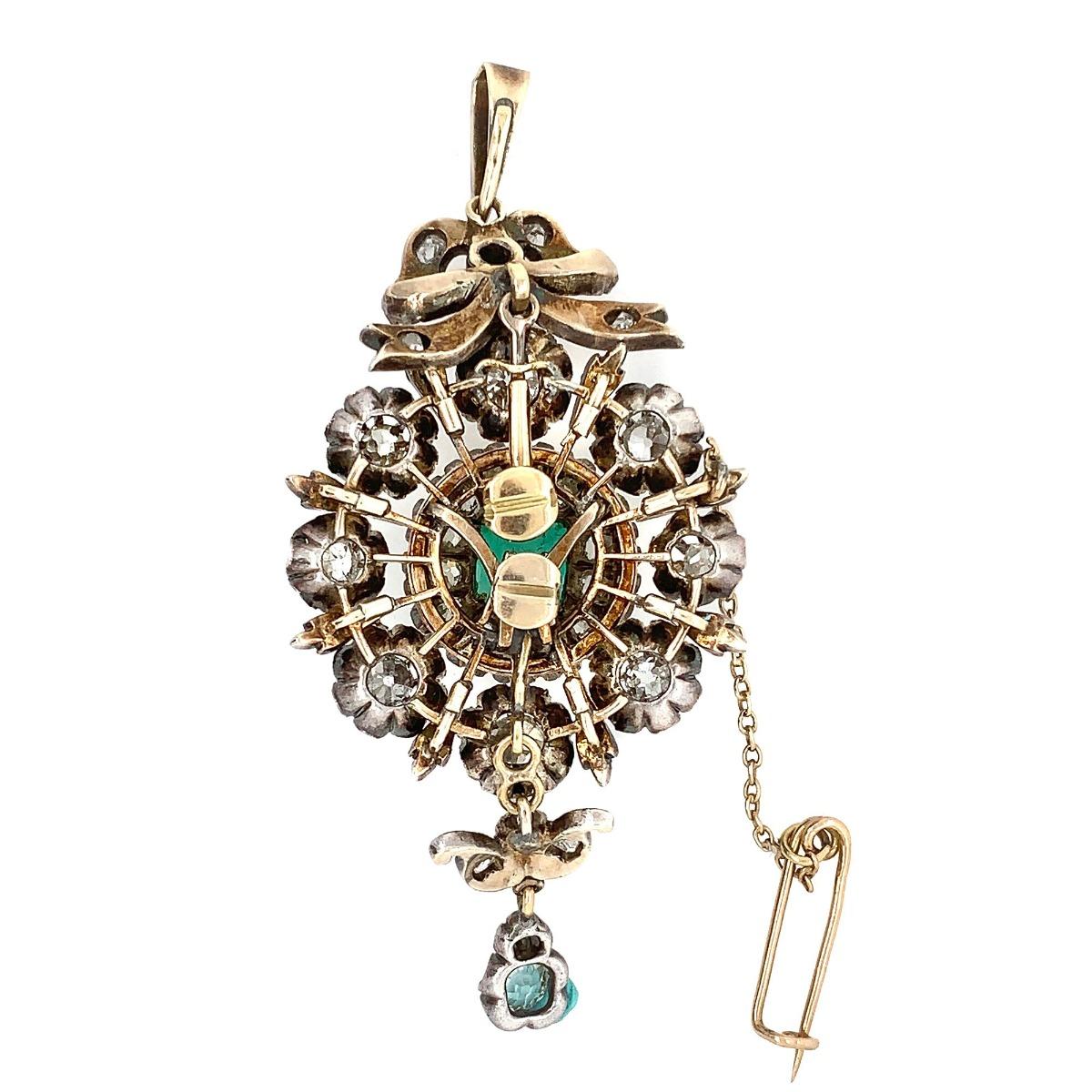 Edwardian Silver and Gold Diamond and Colombian Emerald Brooch 3