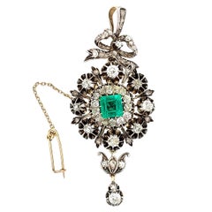 Edwardian Silver and Gold Diamond and Colombian Emerald Brooch