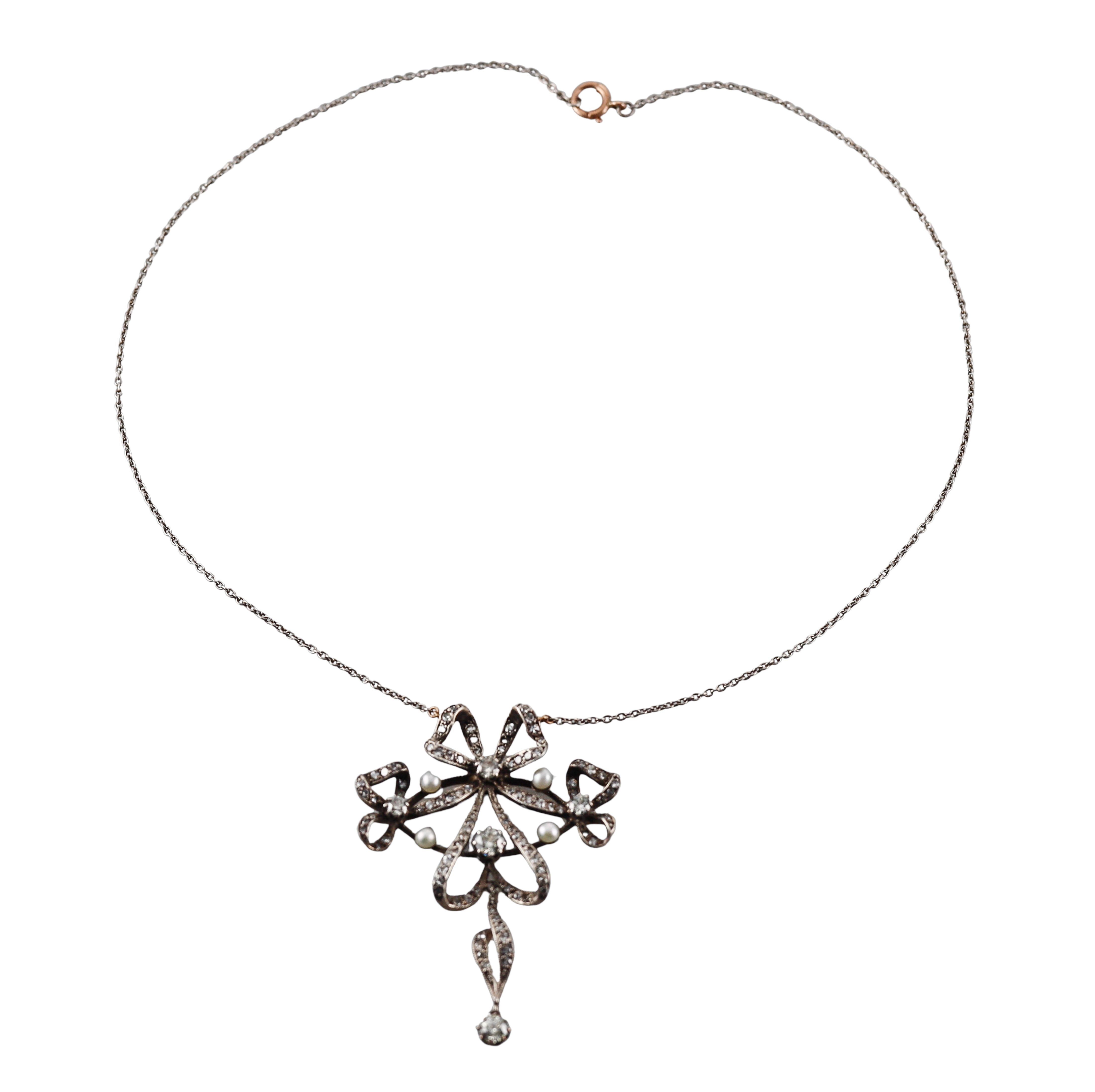 Round Cut Edwardian Silver Gold Pearl Diamond Pendant Necklace For Sale