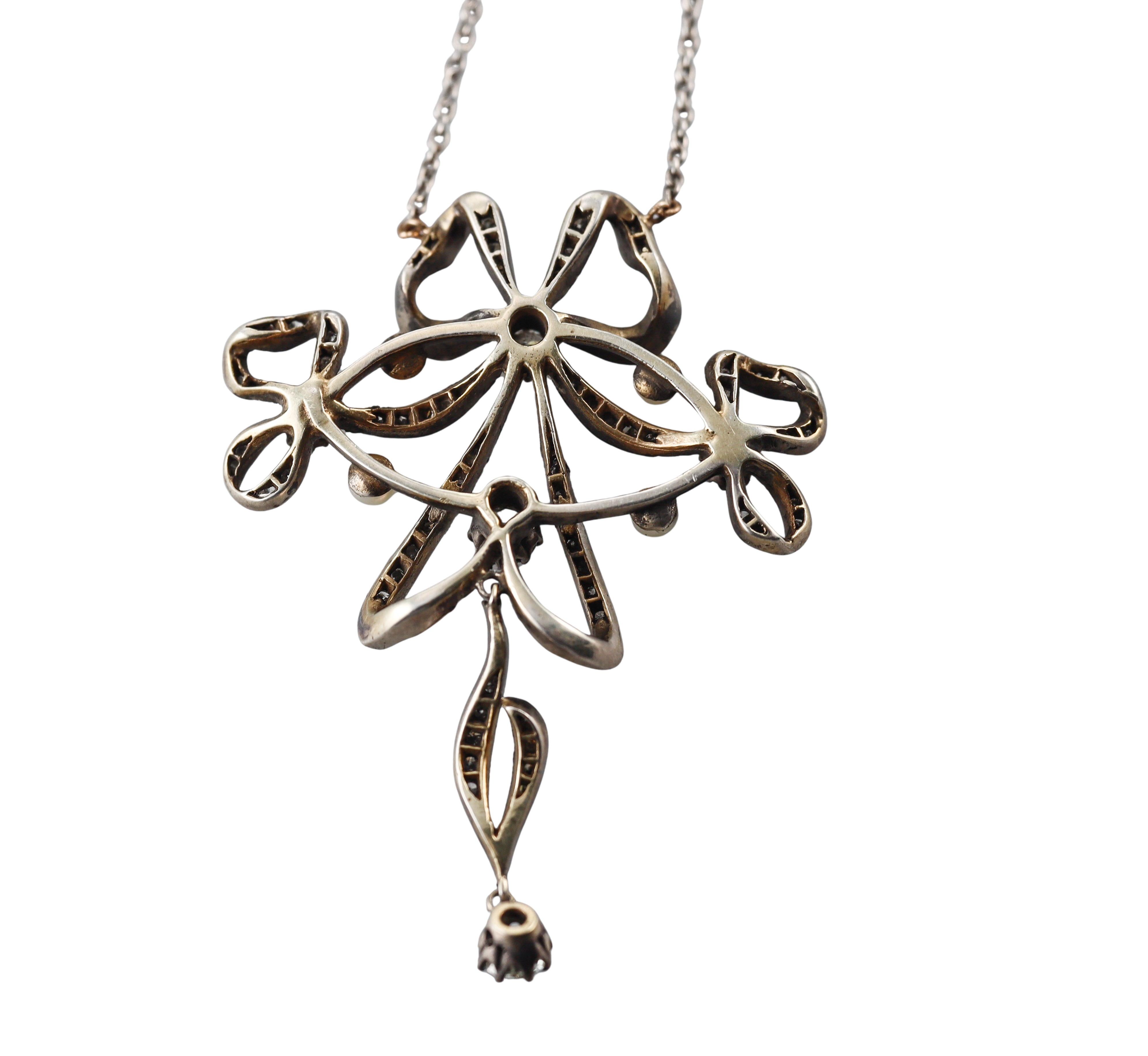 Edwardian Silver Gold Pearl Diamond Pendant Necklace For Sale 1